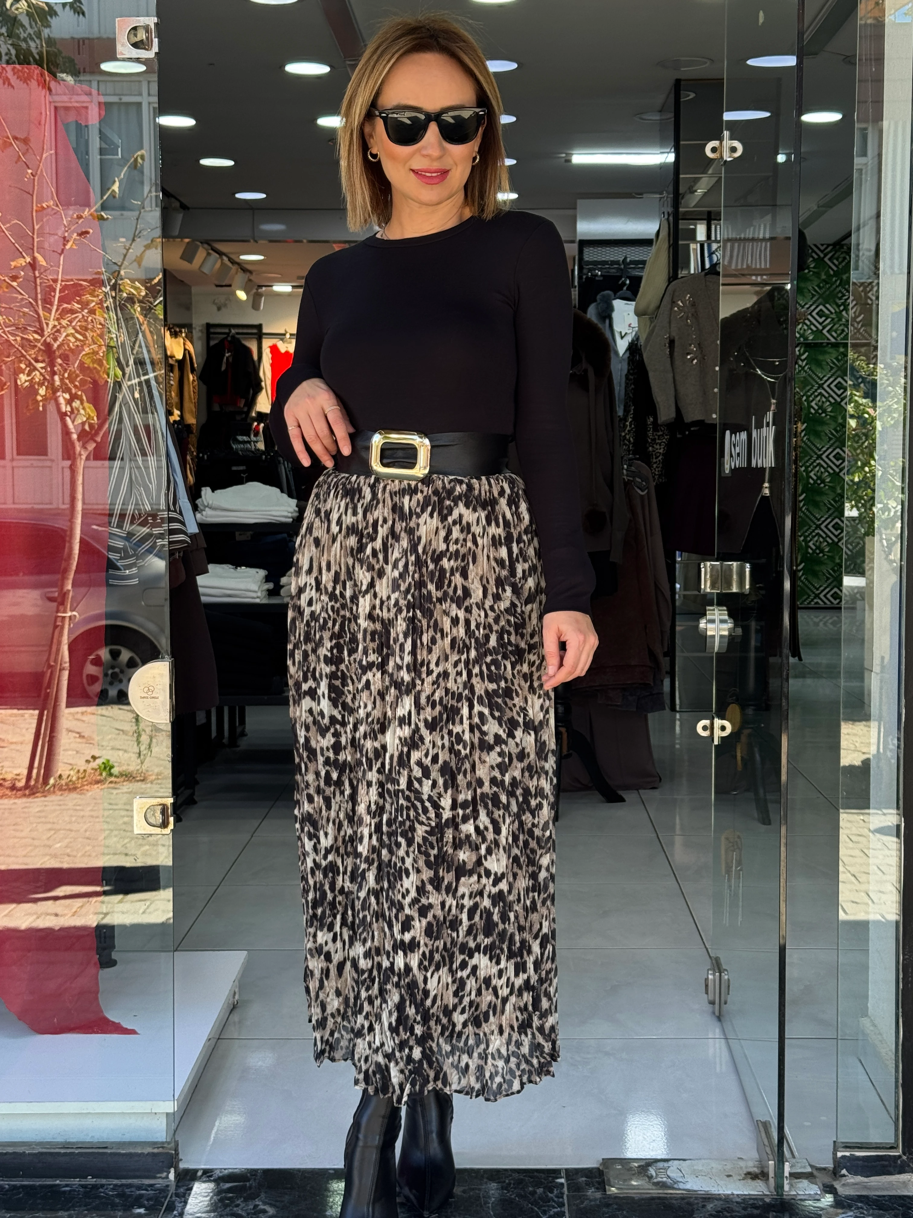 Leopar Desen Kraşlı Etek