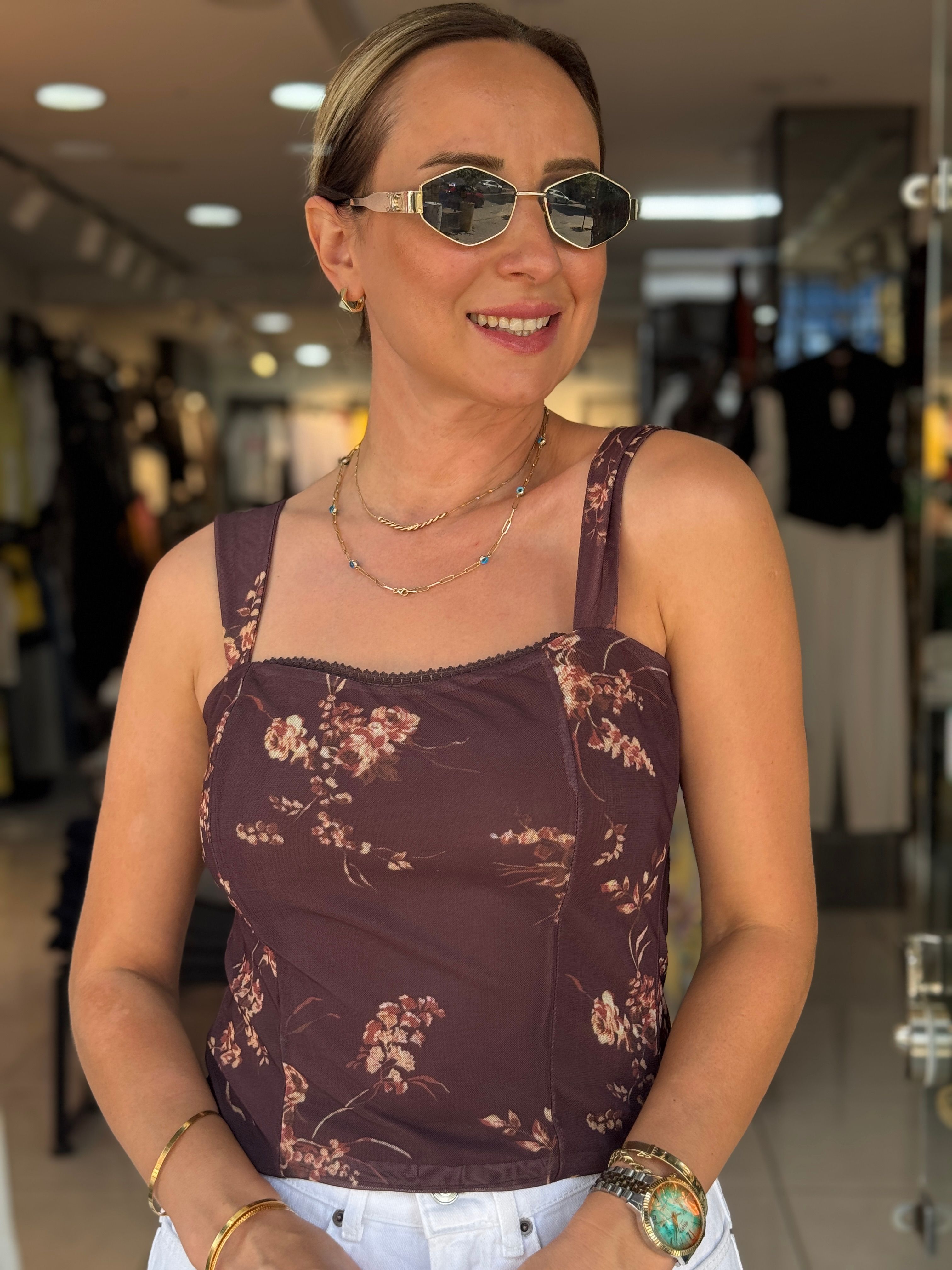 Desenli Kahve Tül Bluz