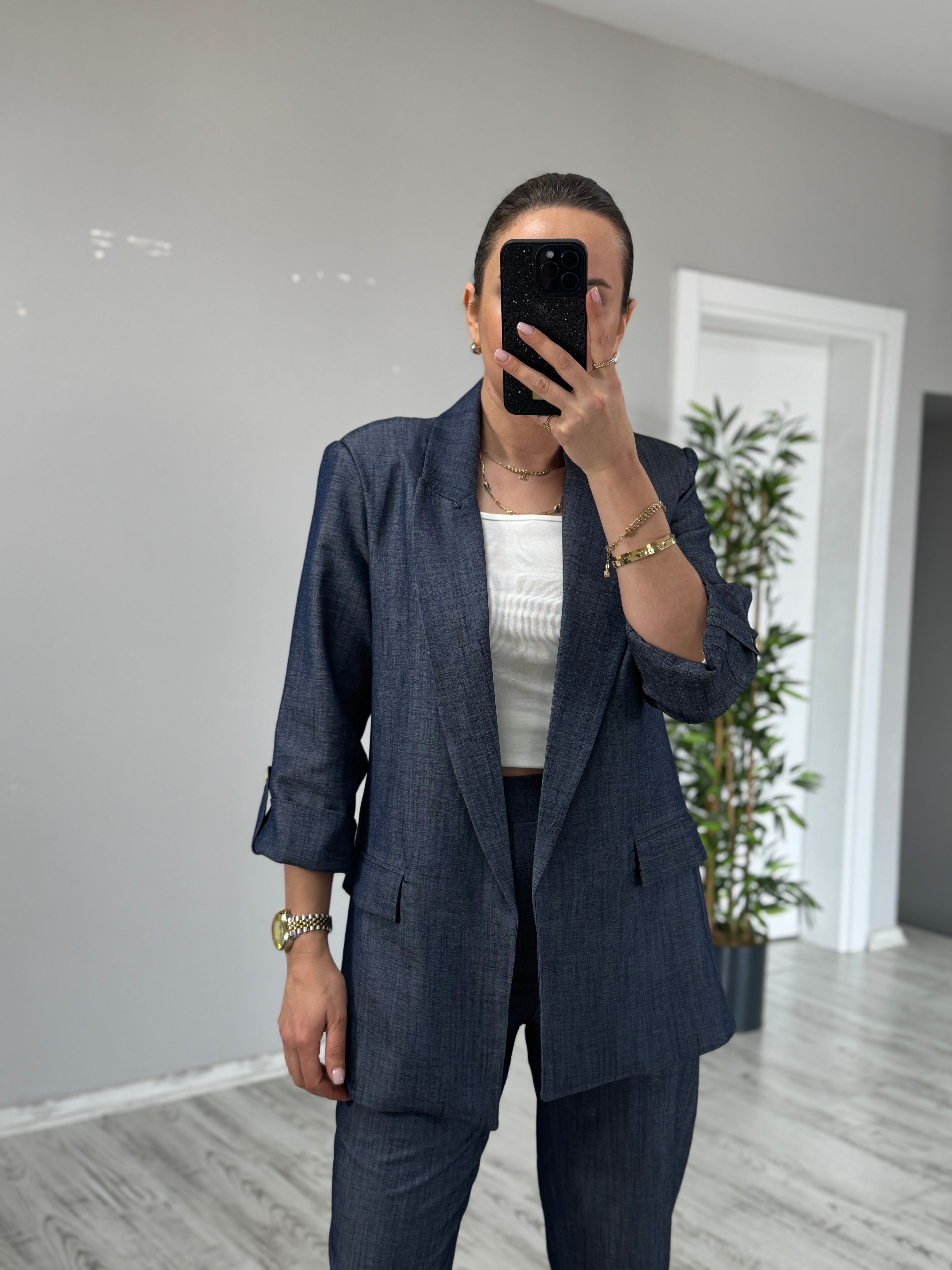 Lacivert Kolu Apoletli Blazer