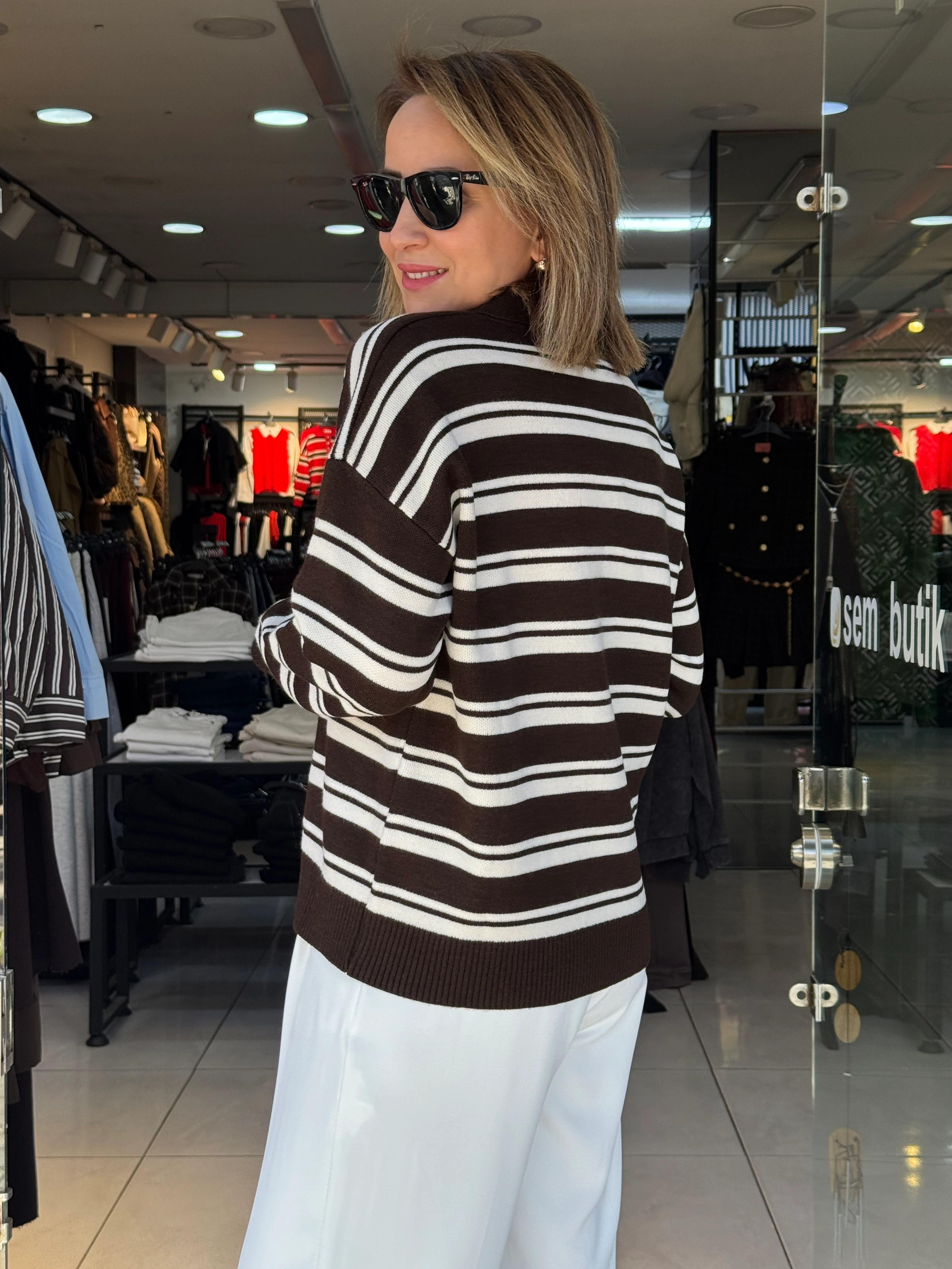 Polo Yaka Şeritli Triko Kazak