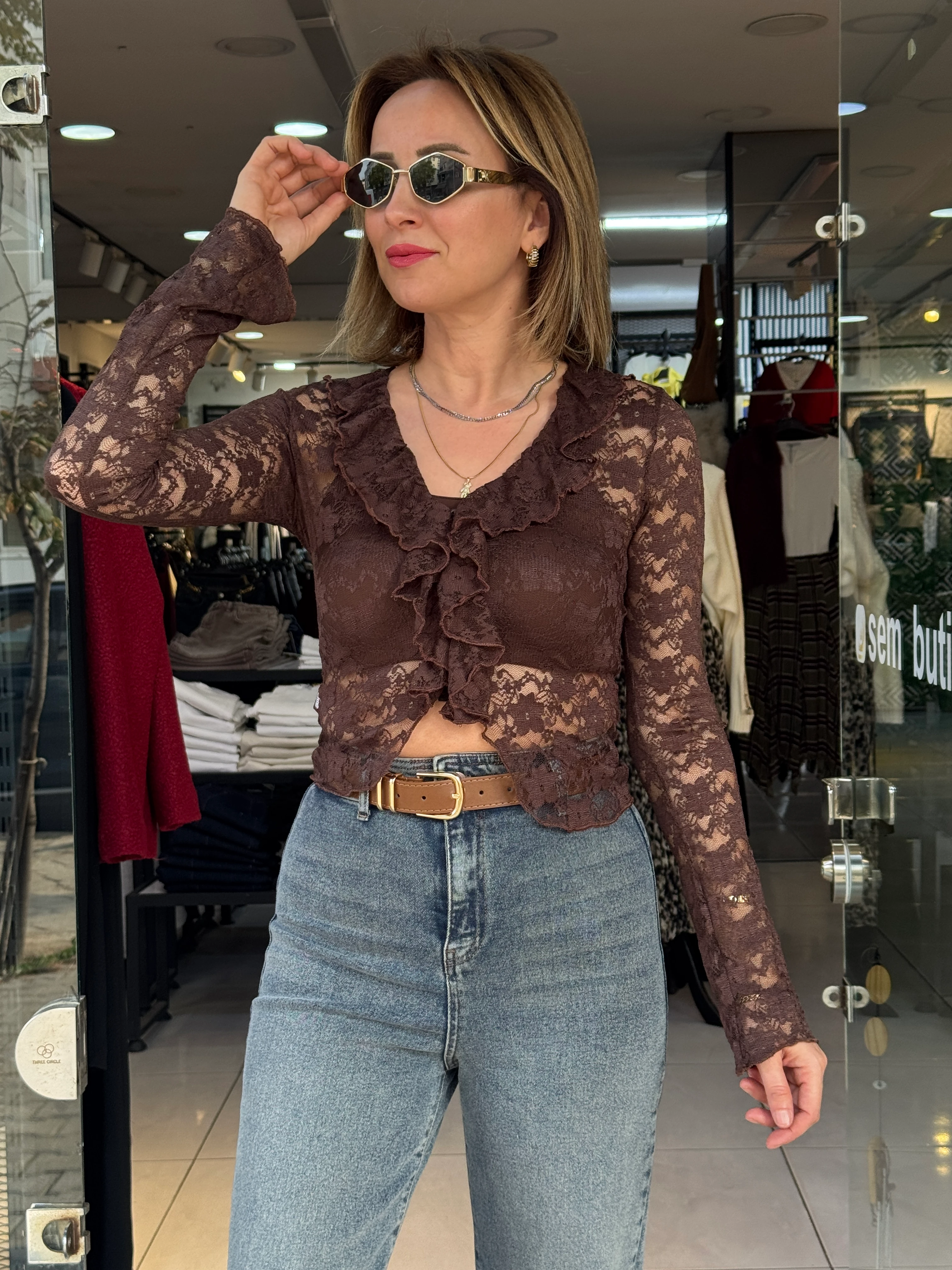 V Yaka Kahve Dantel Bluz