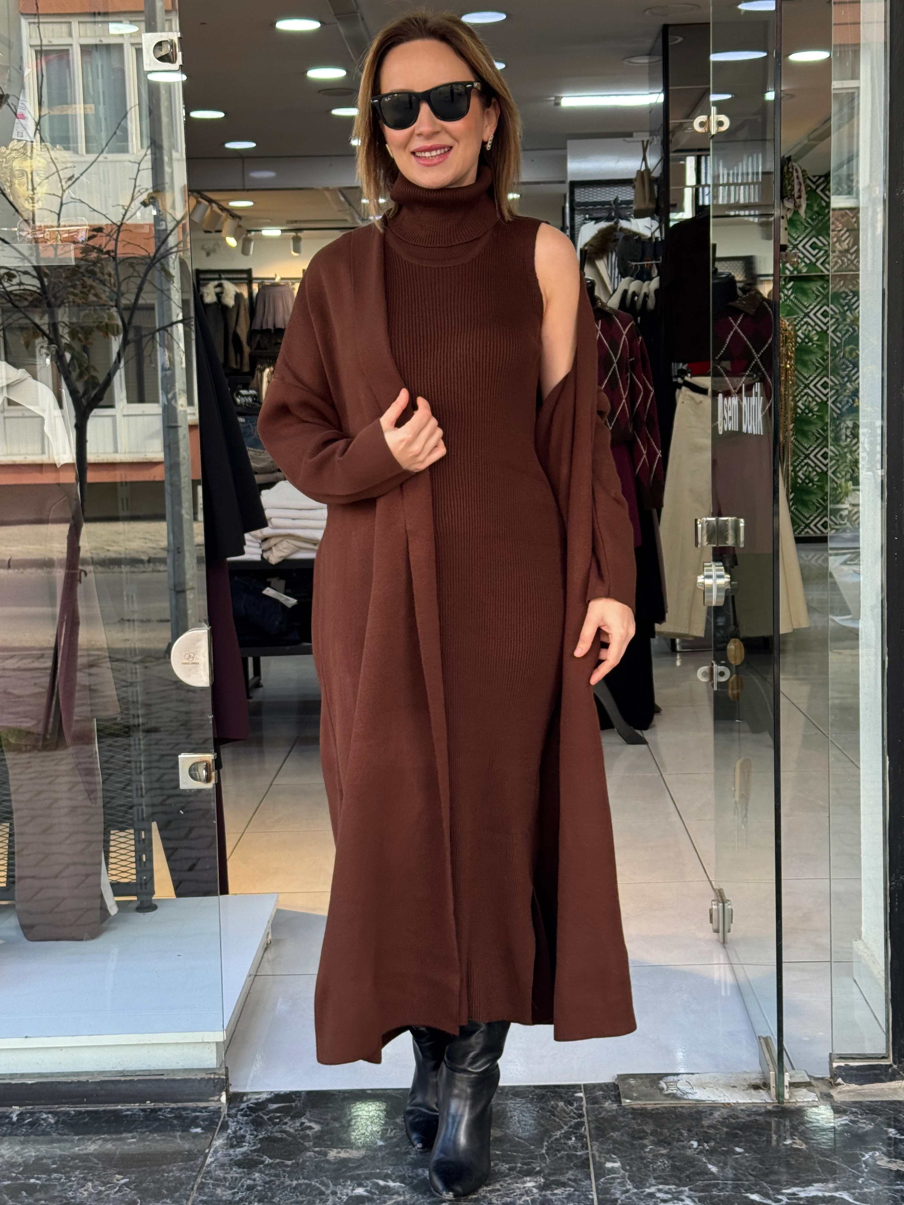 Elbiseli Triko Hırka Takım - Kahve