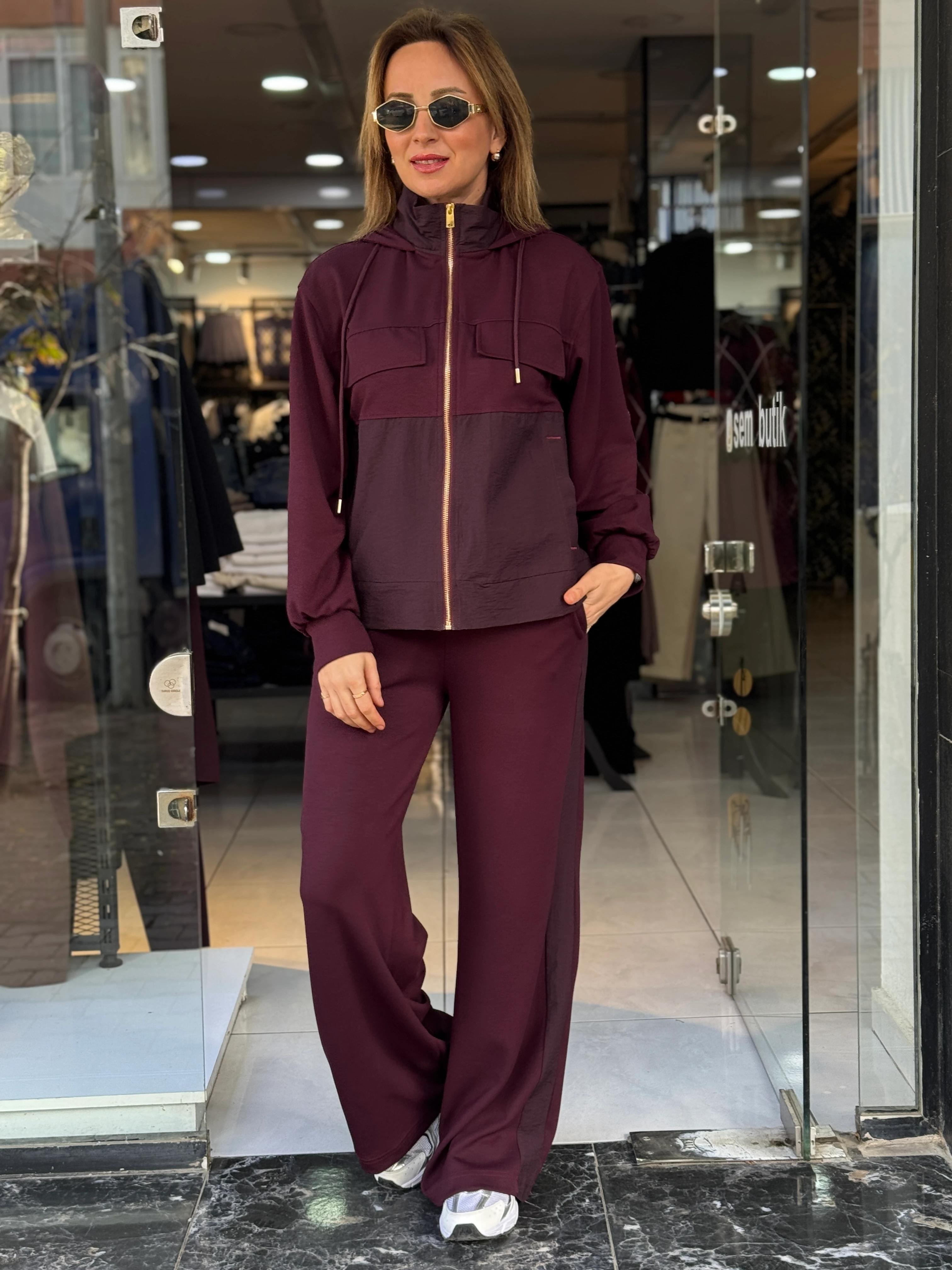 Paraşüt Detay Kapüşonlu Takım - Bordo