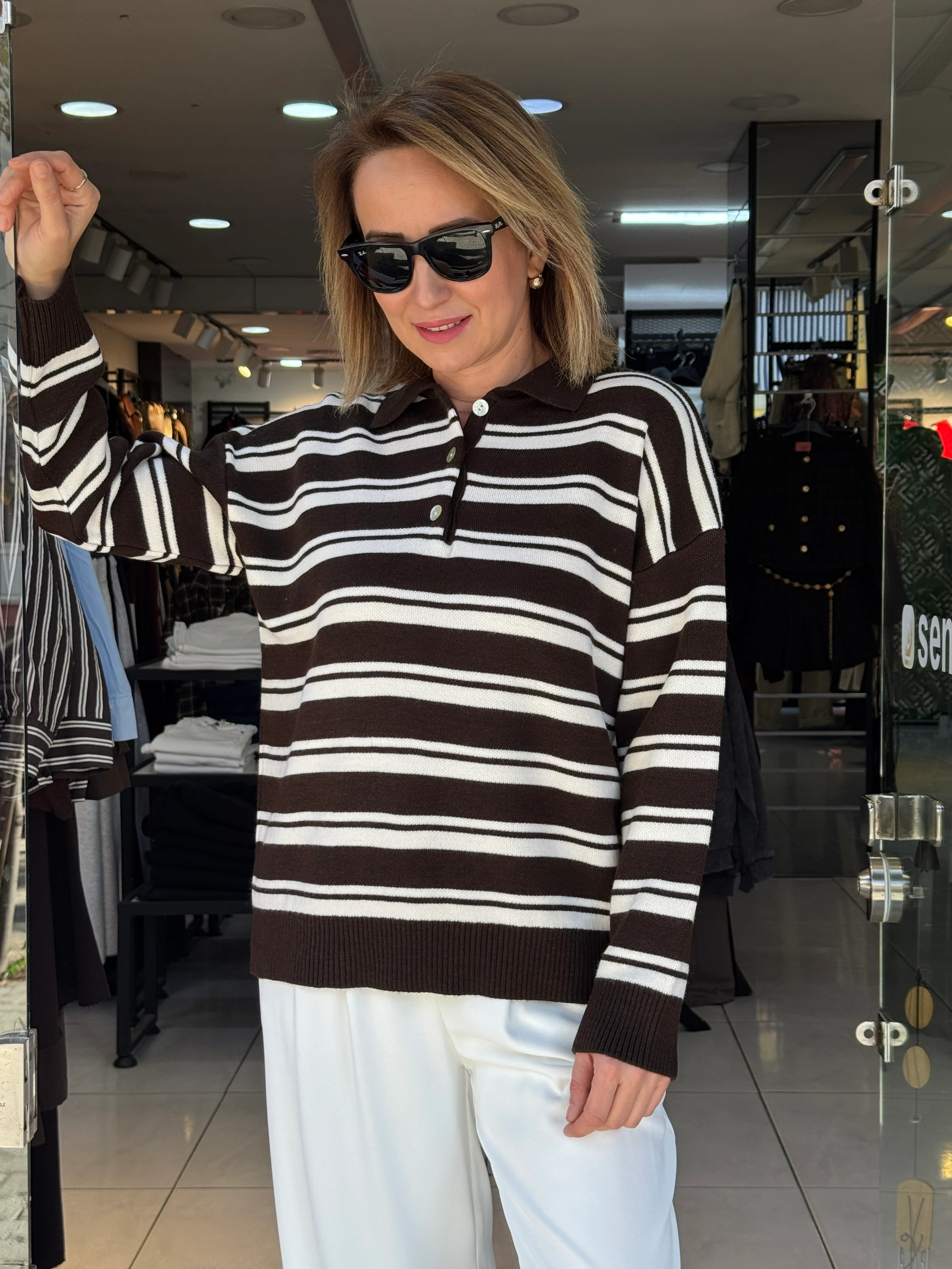 Polo Yaka Şeritli Triko Kazak