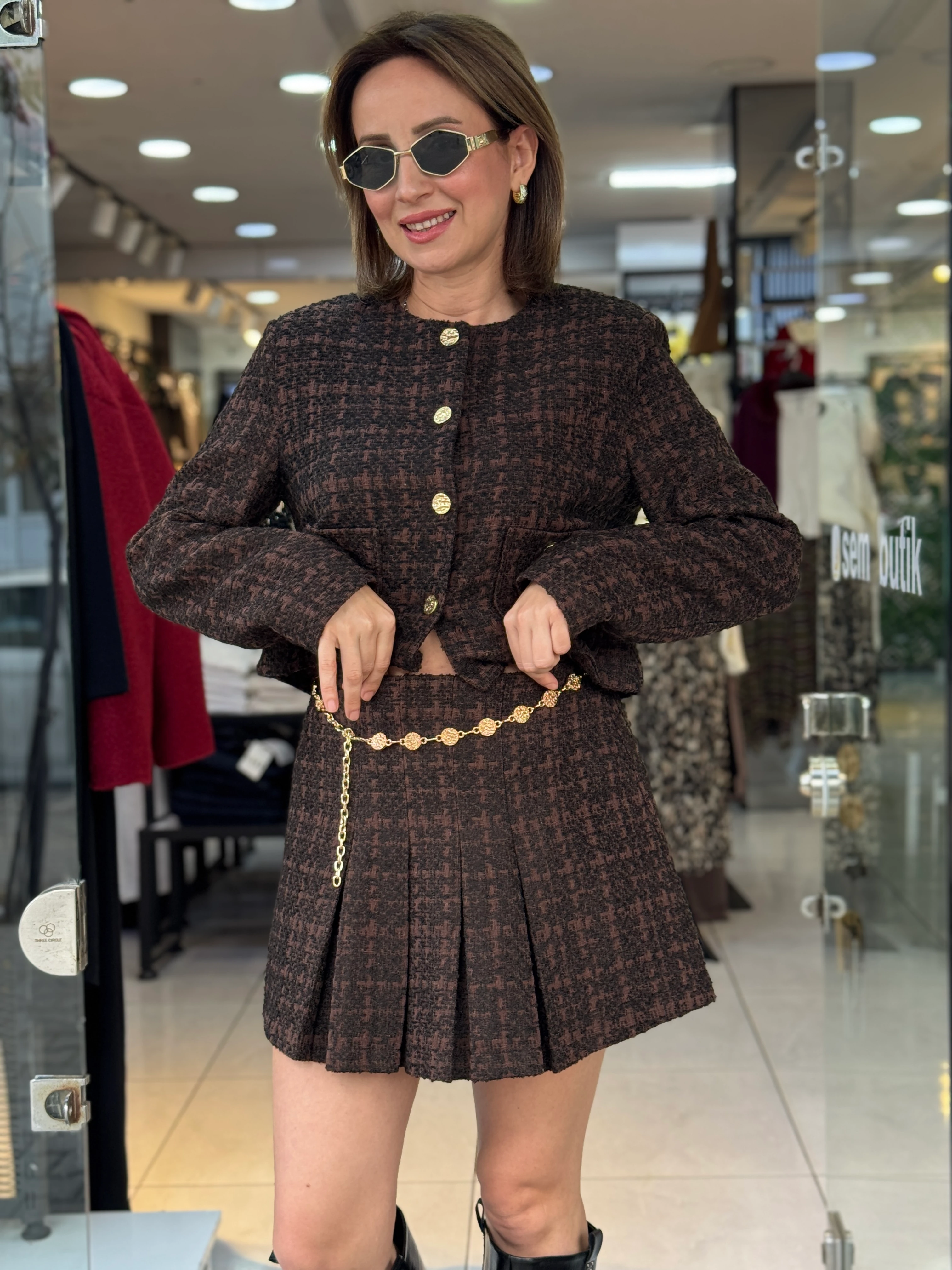 Gold Kemerli Kahve Tüvit Şort Etek