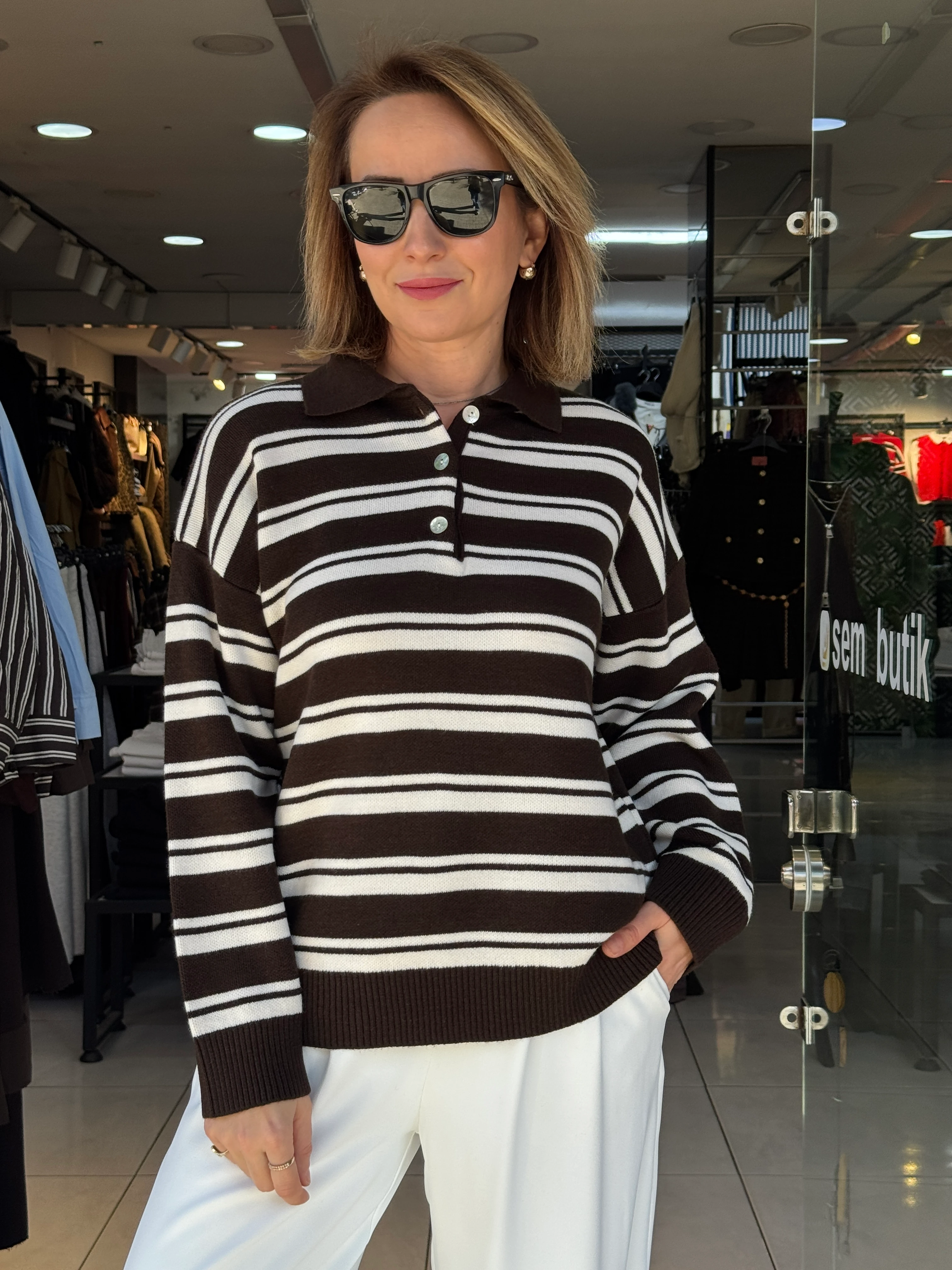 Polo Yaka Şeritli Triko Kazak