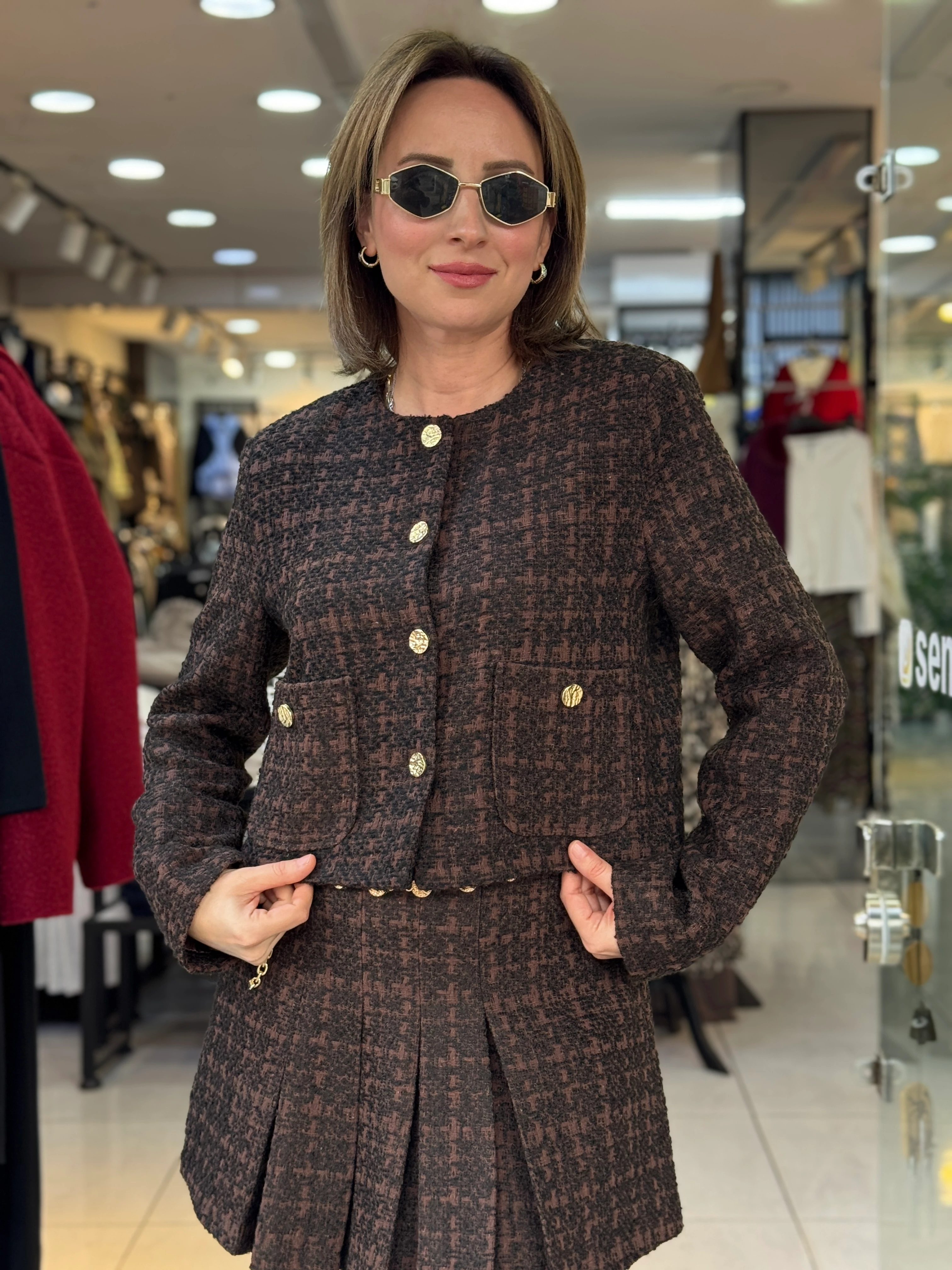 Gold Düğmeli Kahve Tüvit Ceket