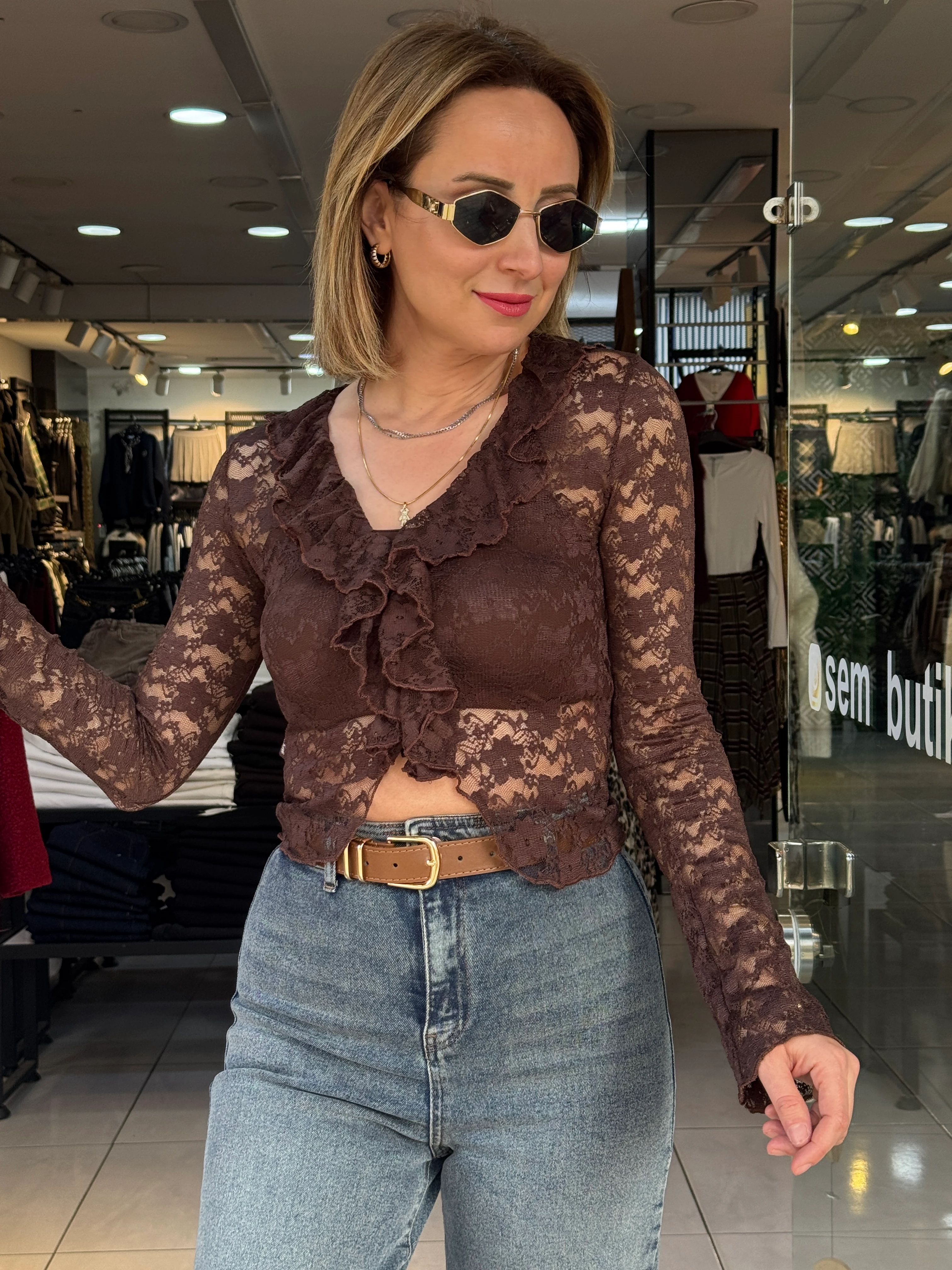 V Yaka Kahve Dantel Bluz