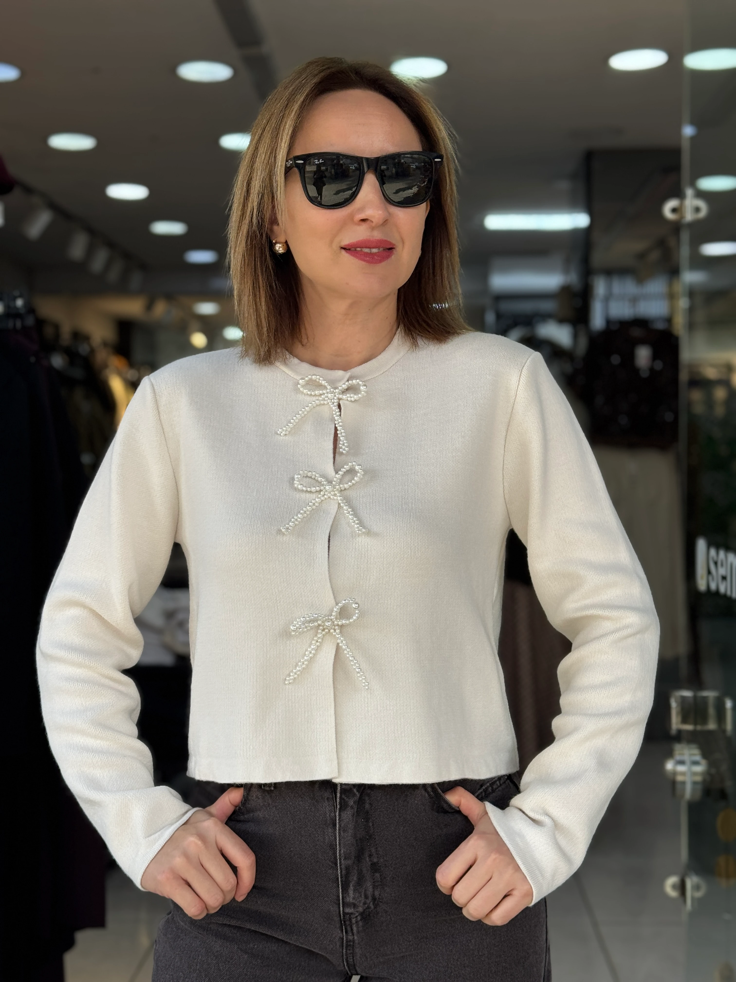 İnci Kurdele Düğmeli Triko - Krem