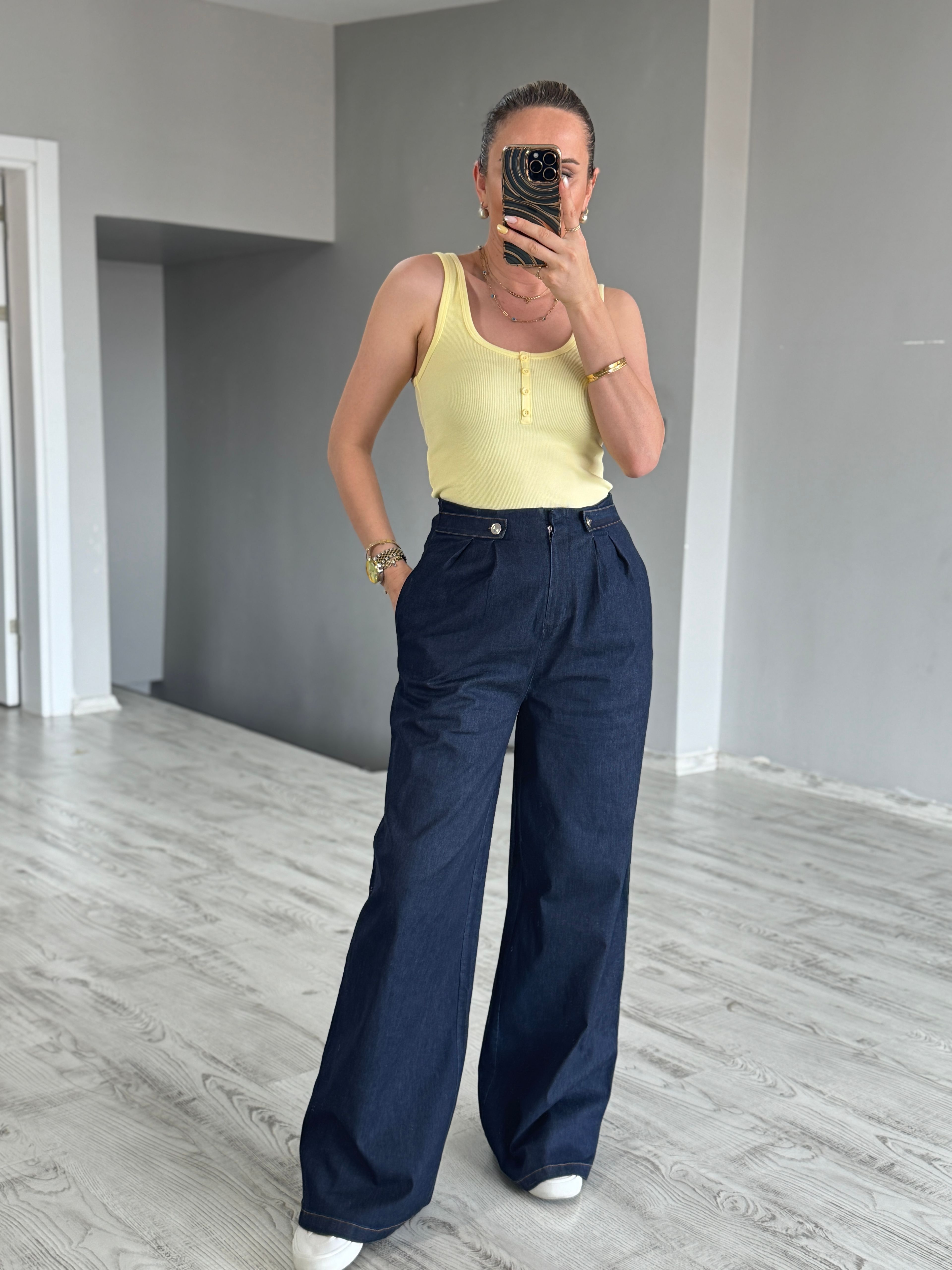 Lacivert Bel Düğmeli Jean
