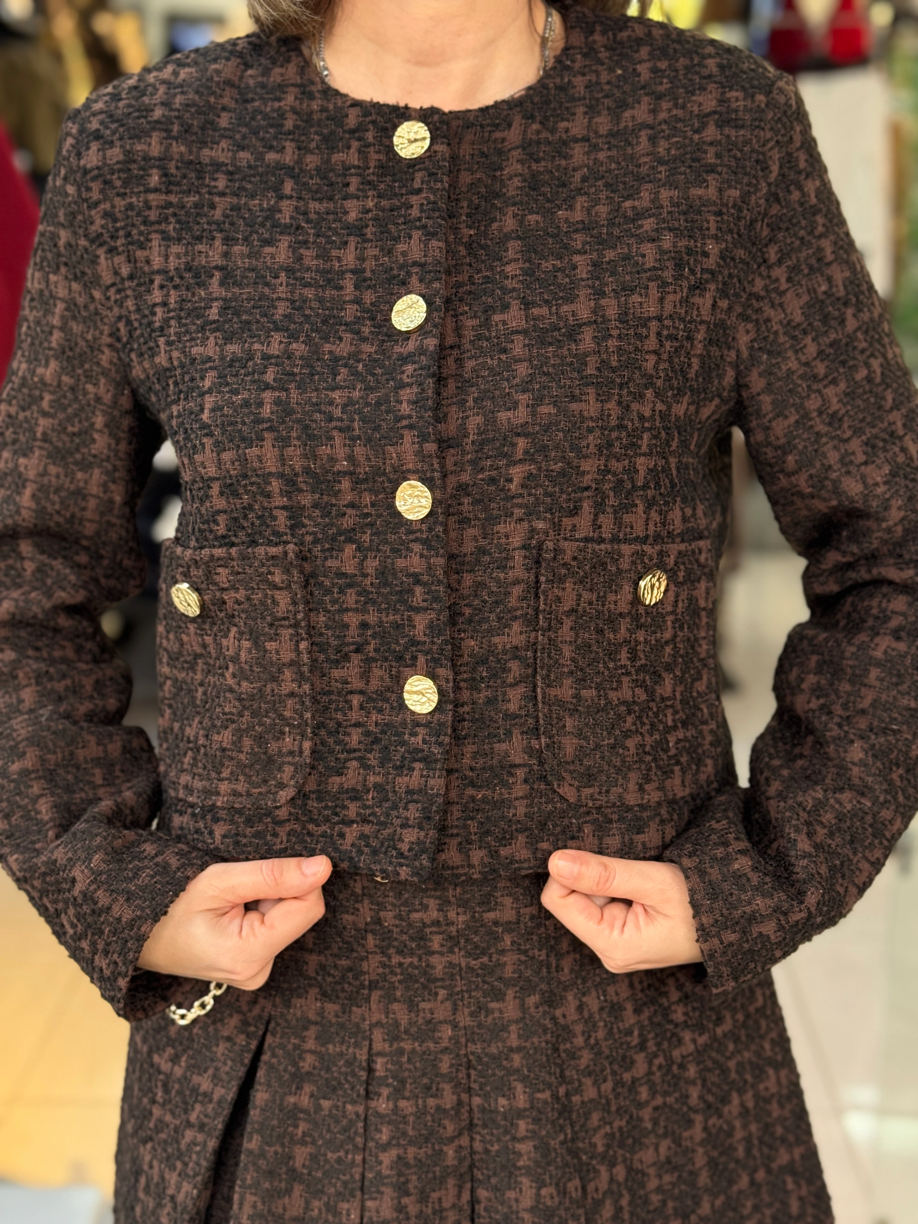 Gold Düğmeli Kahve Tüvit Ceket