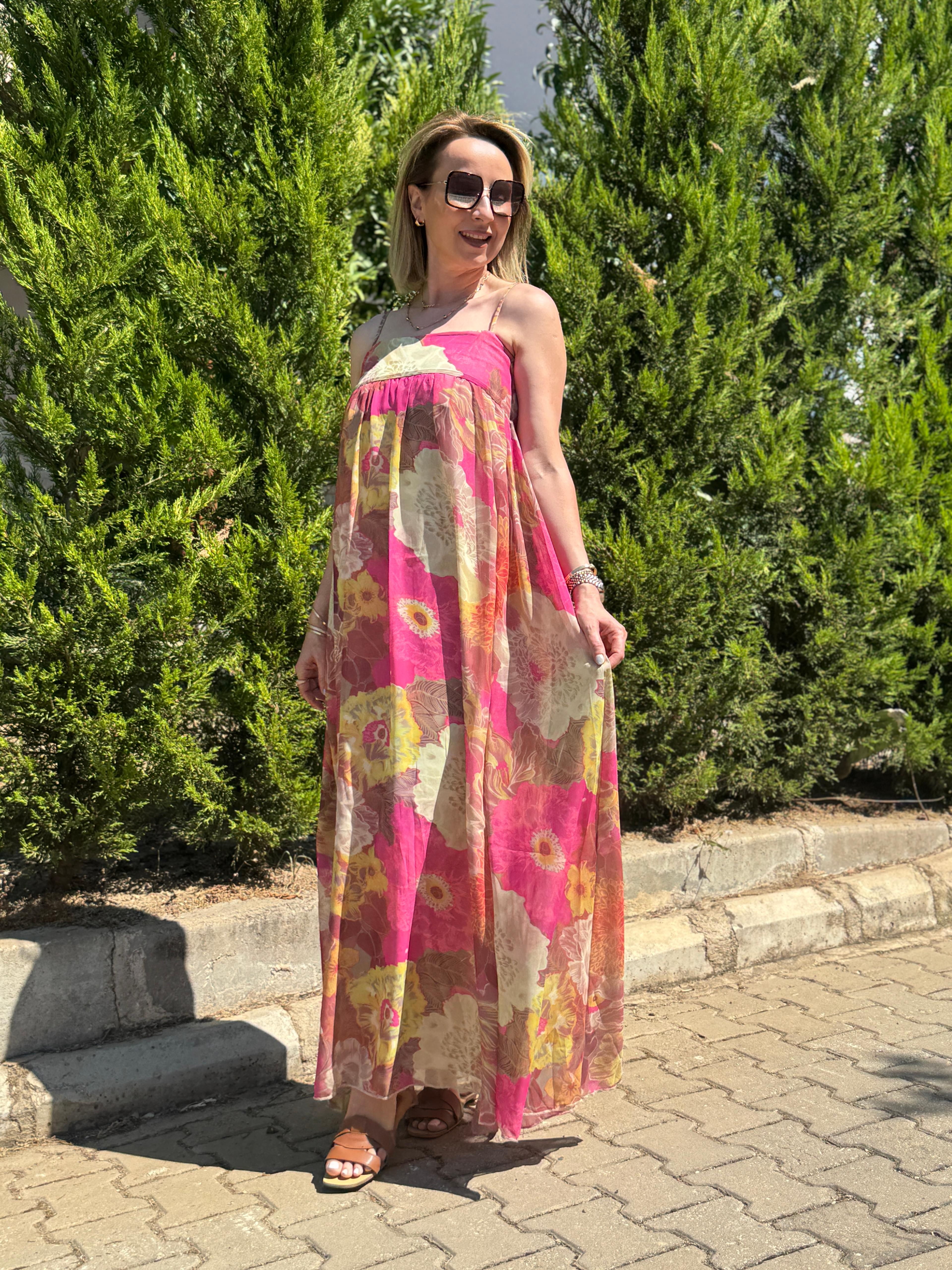 Askılı Desenli Pembe Şifon Elbise