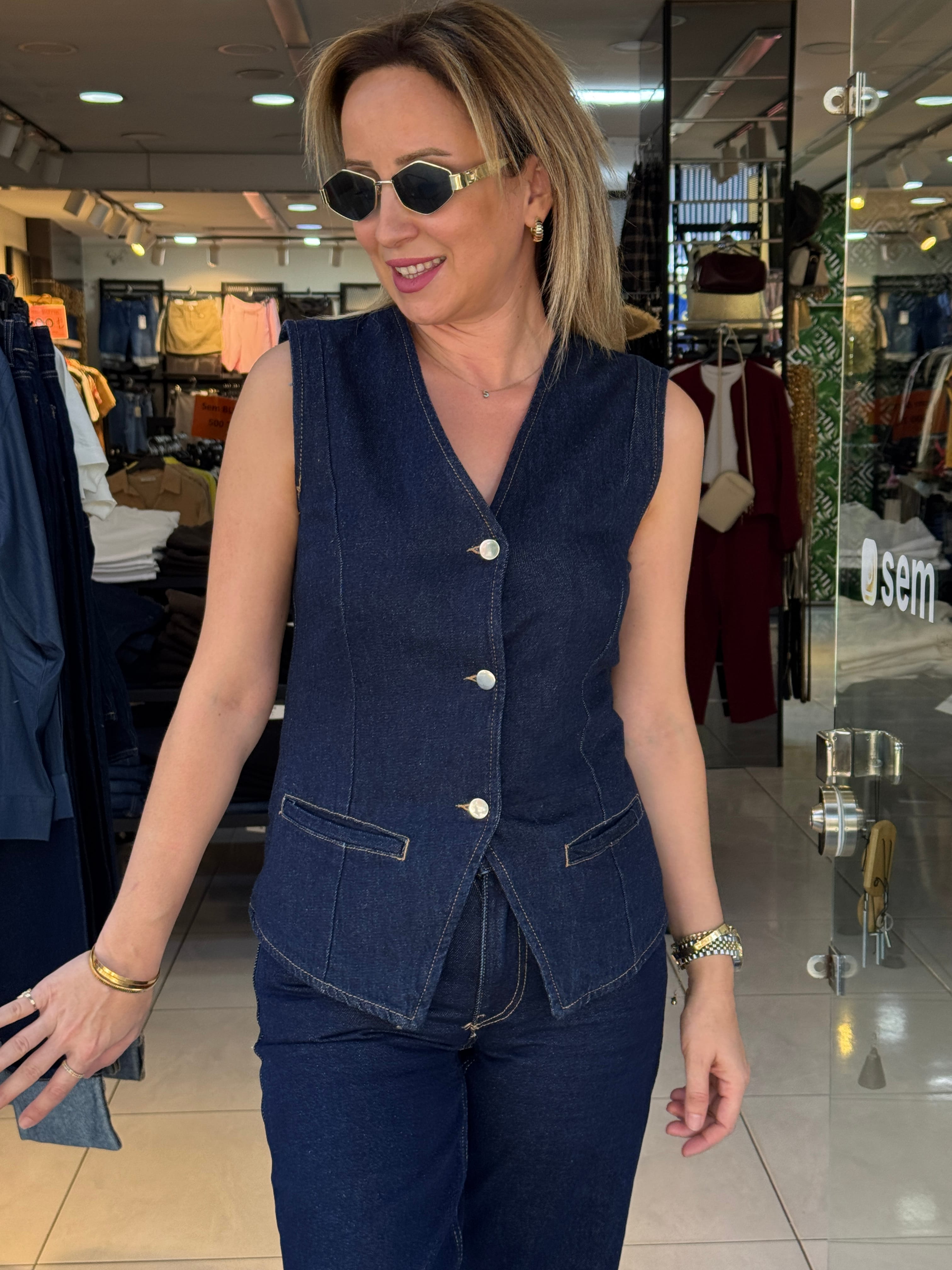 Ön Düğmeli Denim Yelek