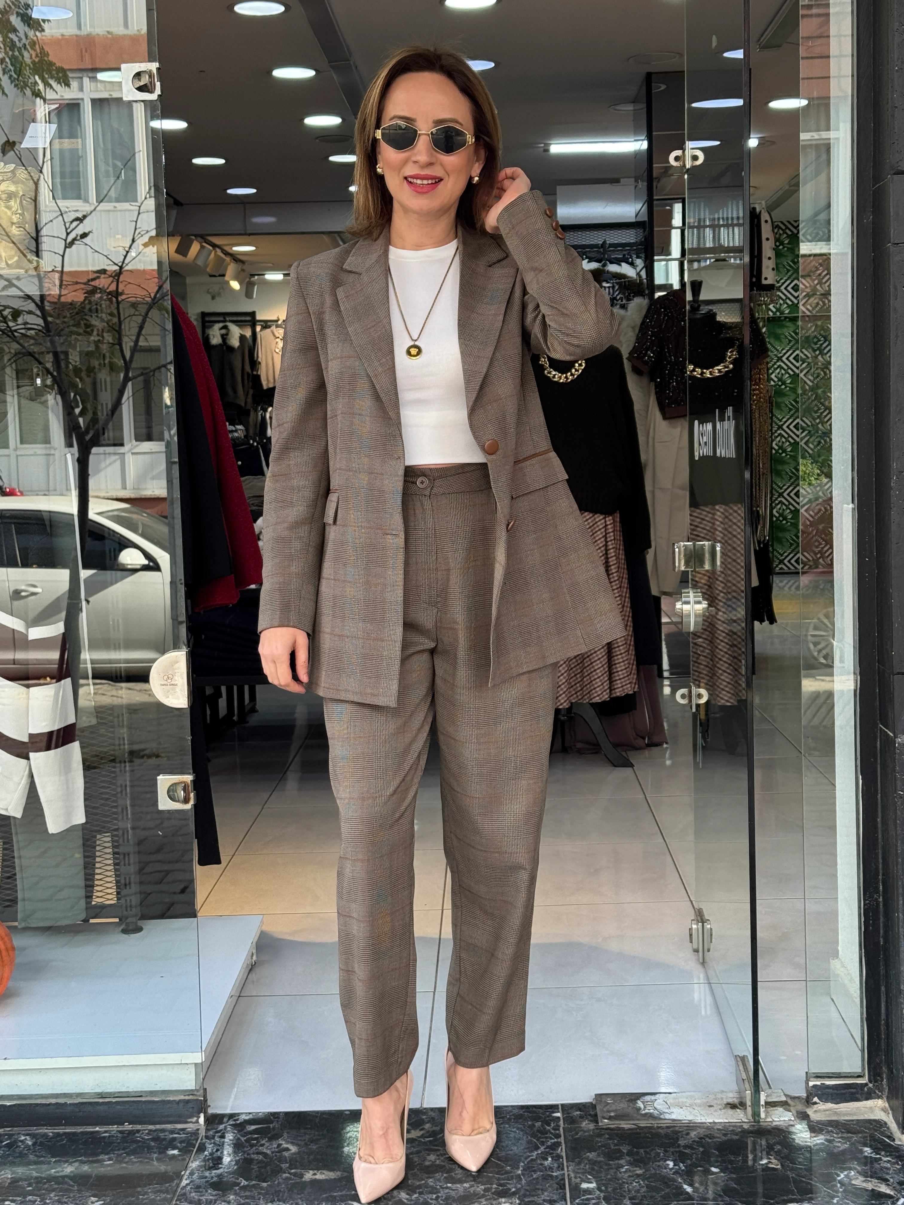 Ekose Blazer Ceketli Takım