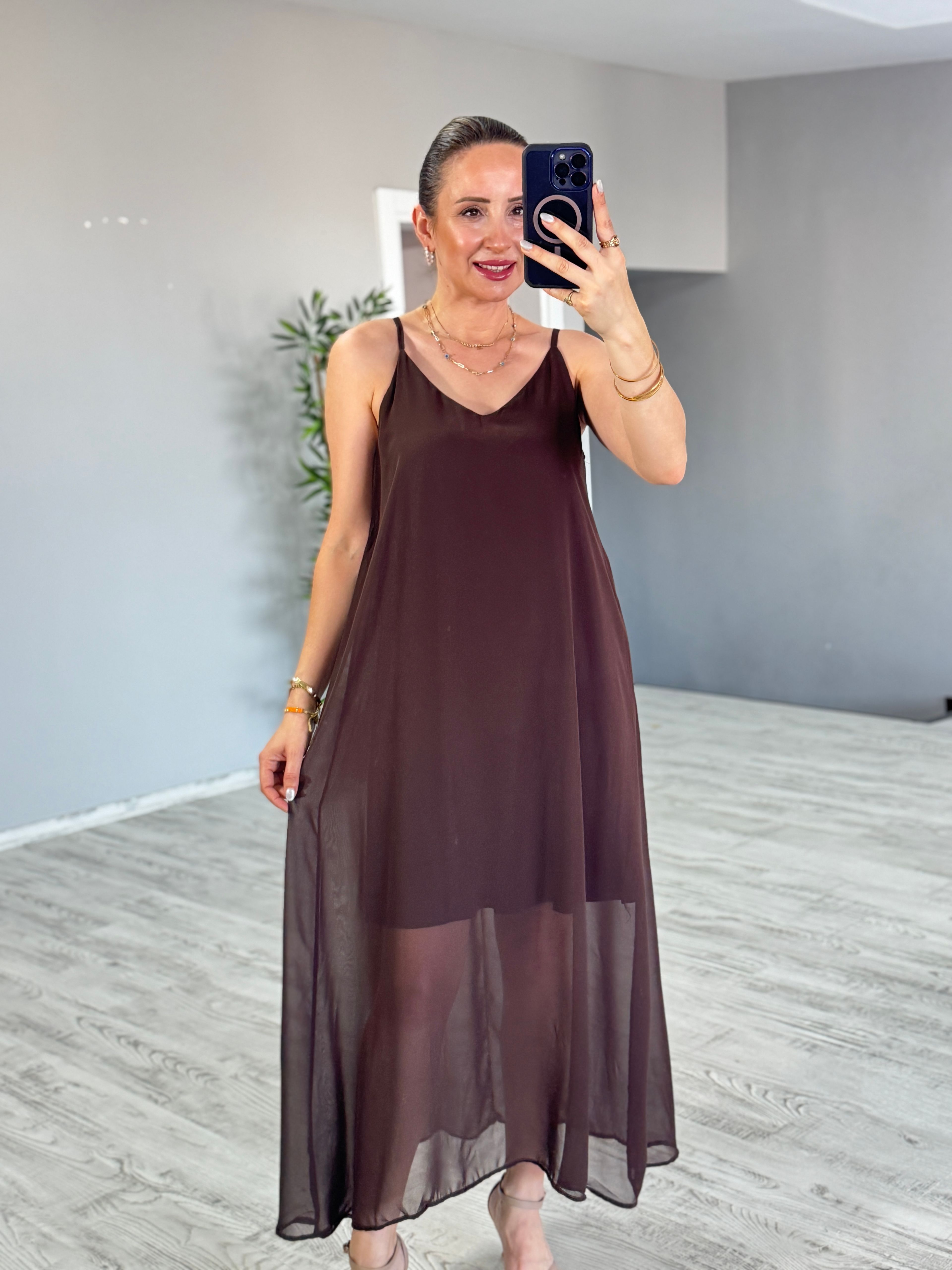 Kahve Şifon Elbise