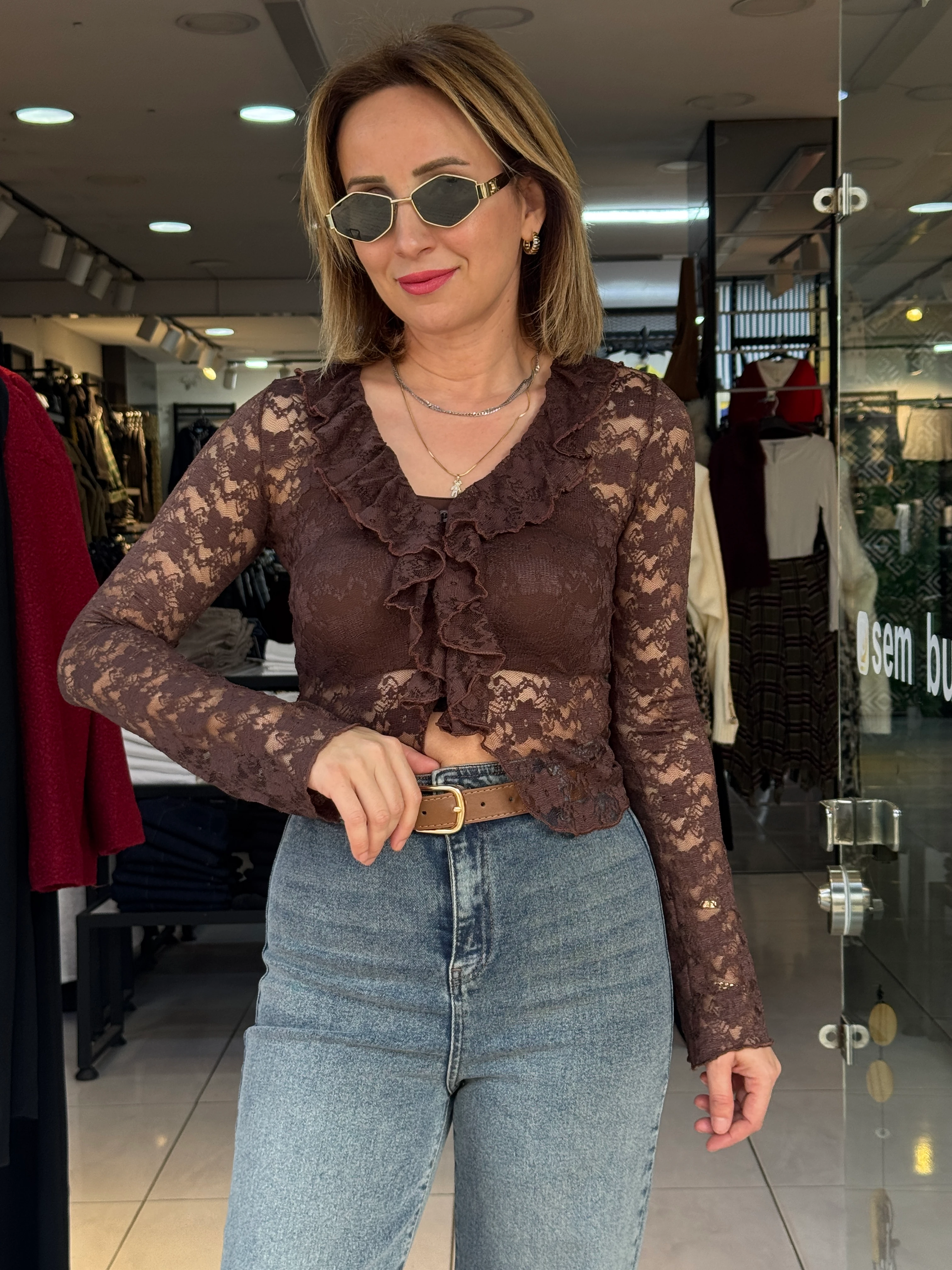 V Yaka Kahve Dantel Bluz