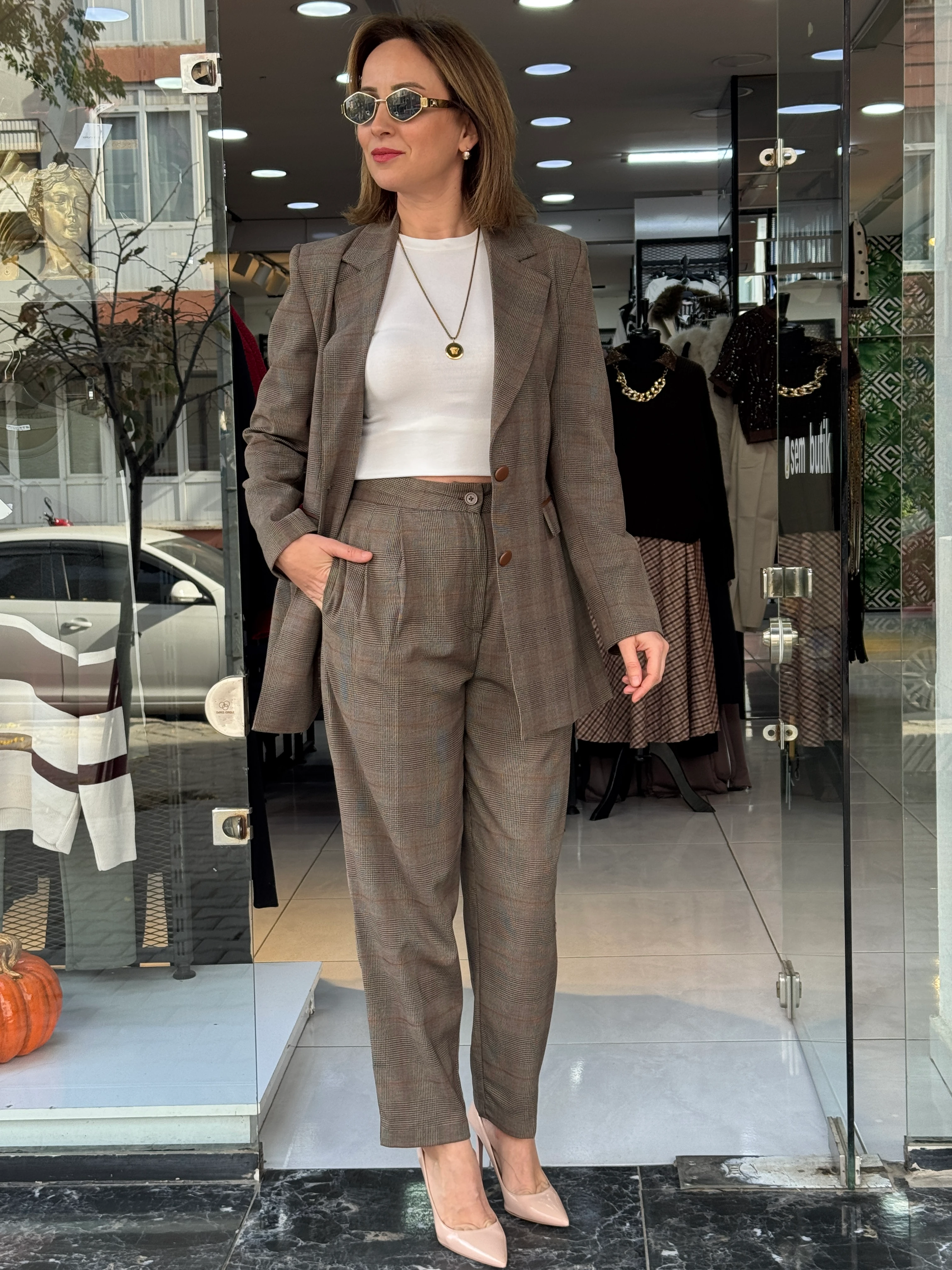 Ekose Blazer Ceketli Takım