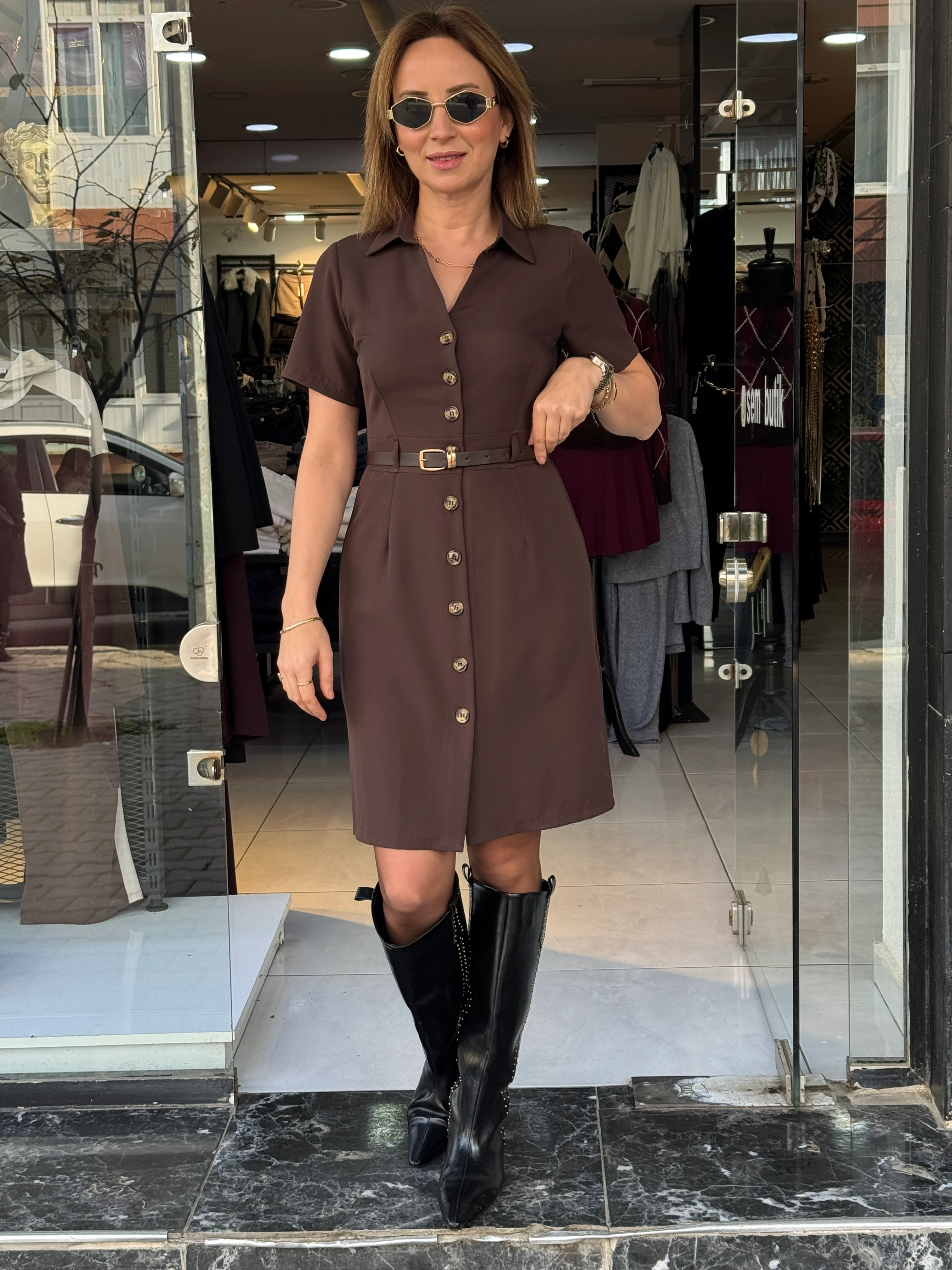 Kemerli Kahve Elbise