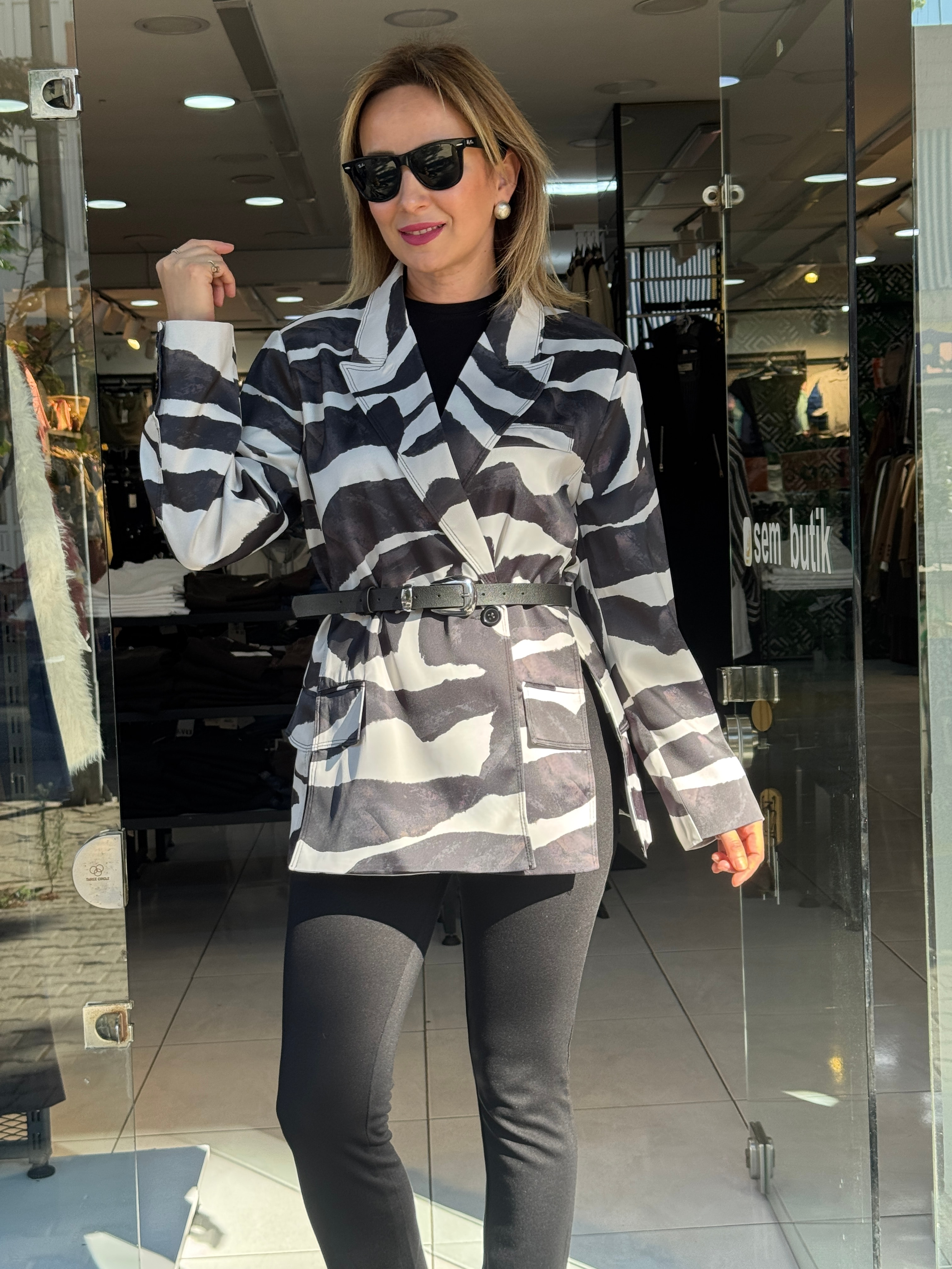Zebra Desen Saten Blazer