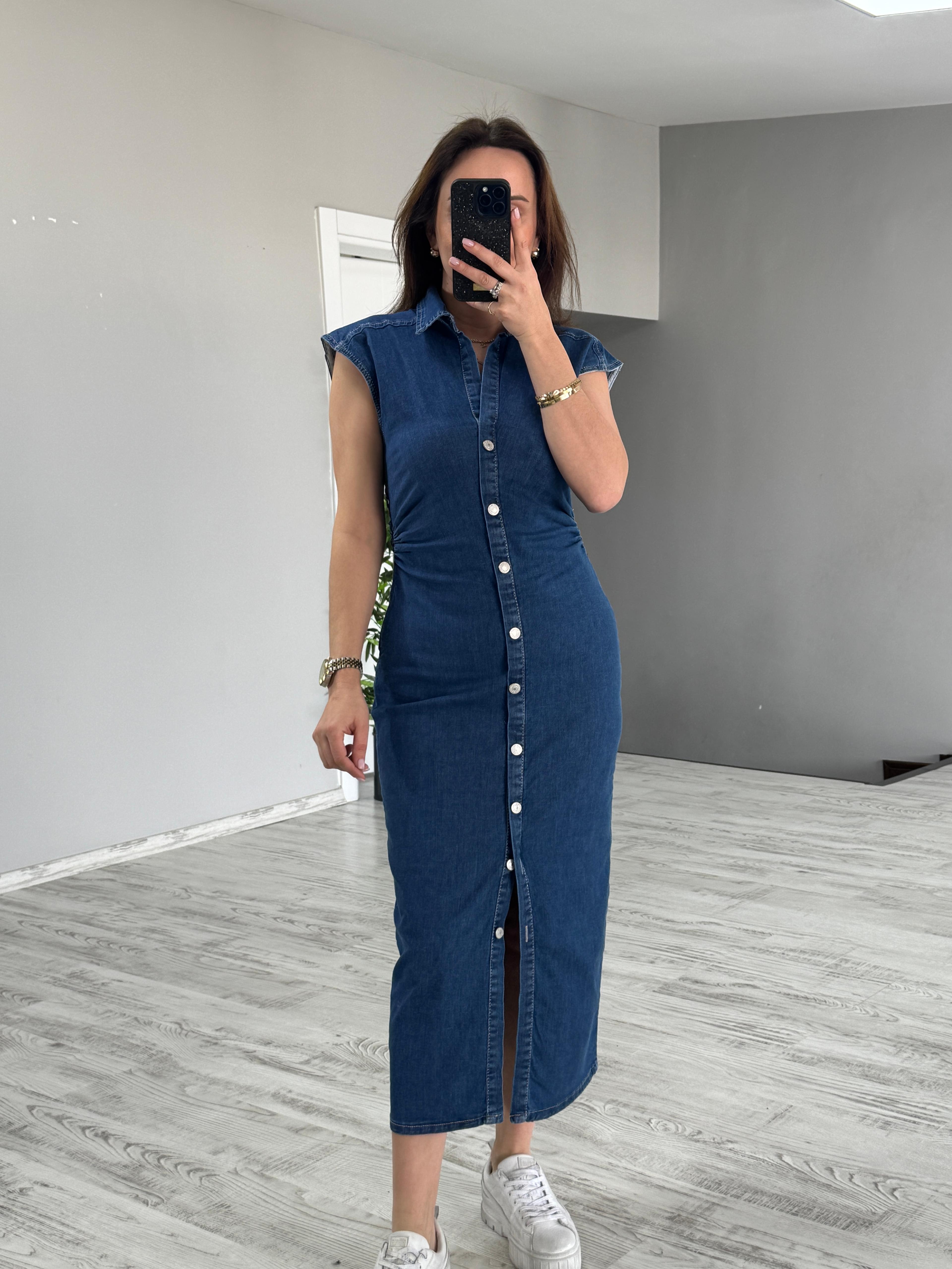 Düğme Detaylı Denim Elbise