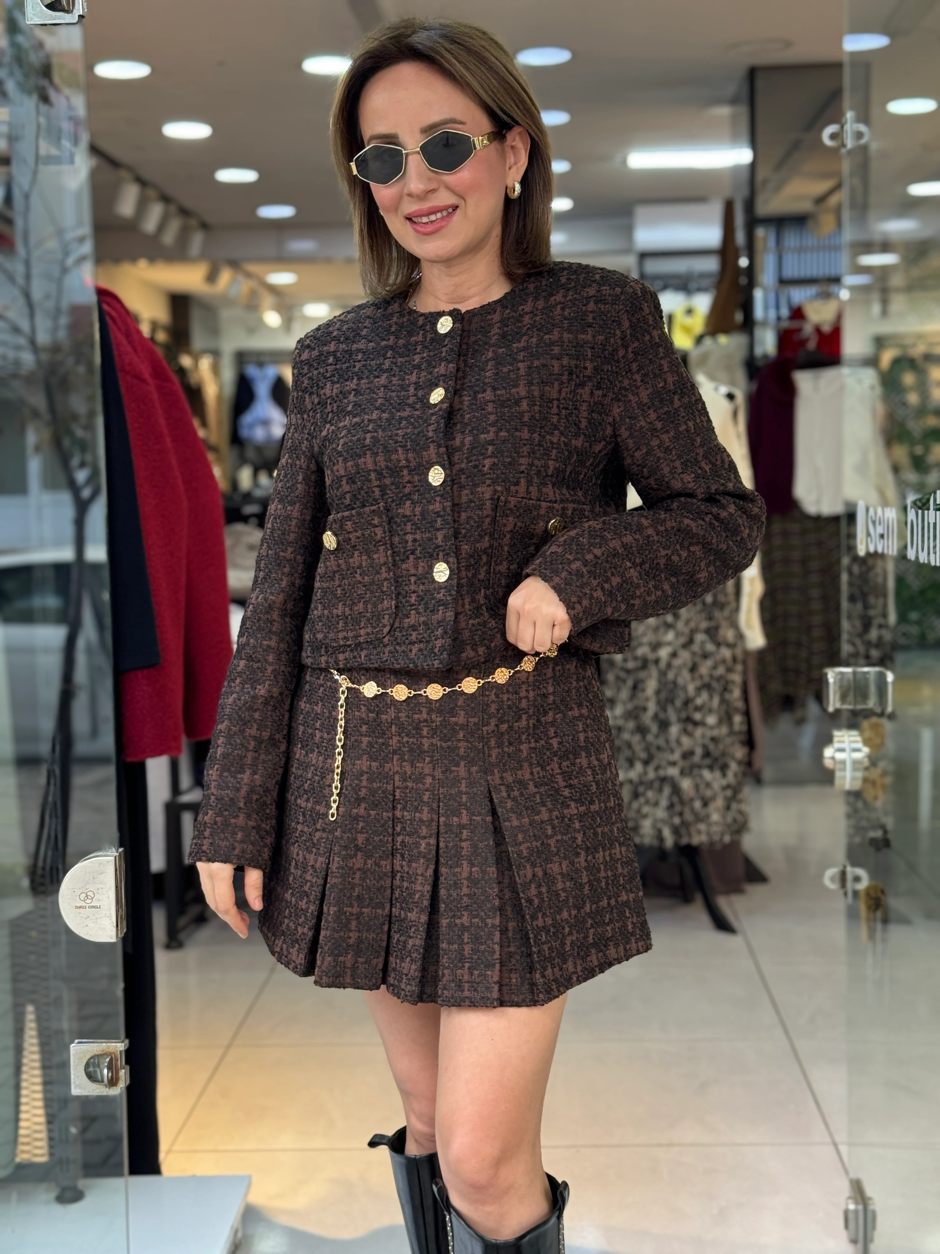 Gold Kemerli Kahve Tüvit Şort Etek