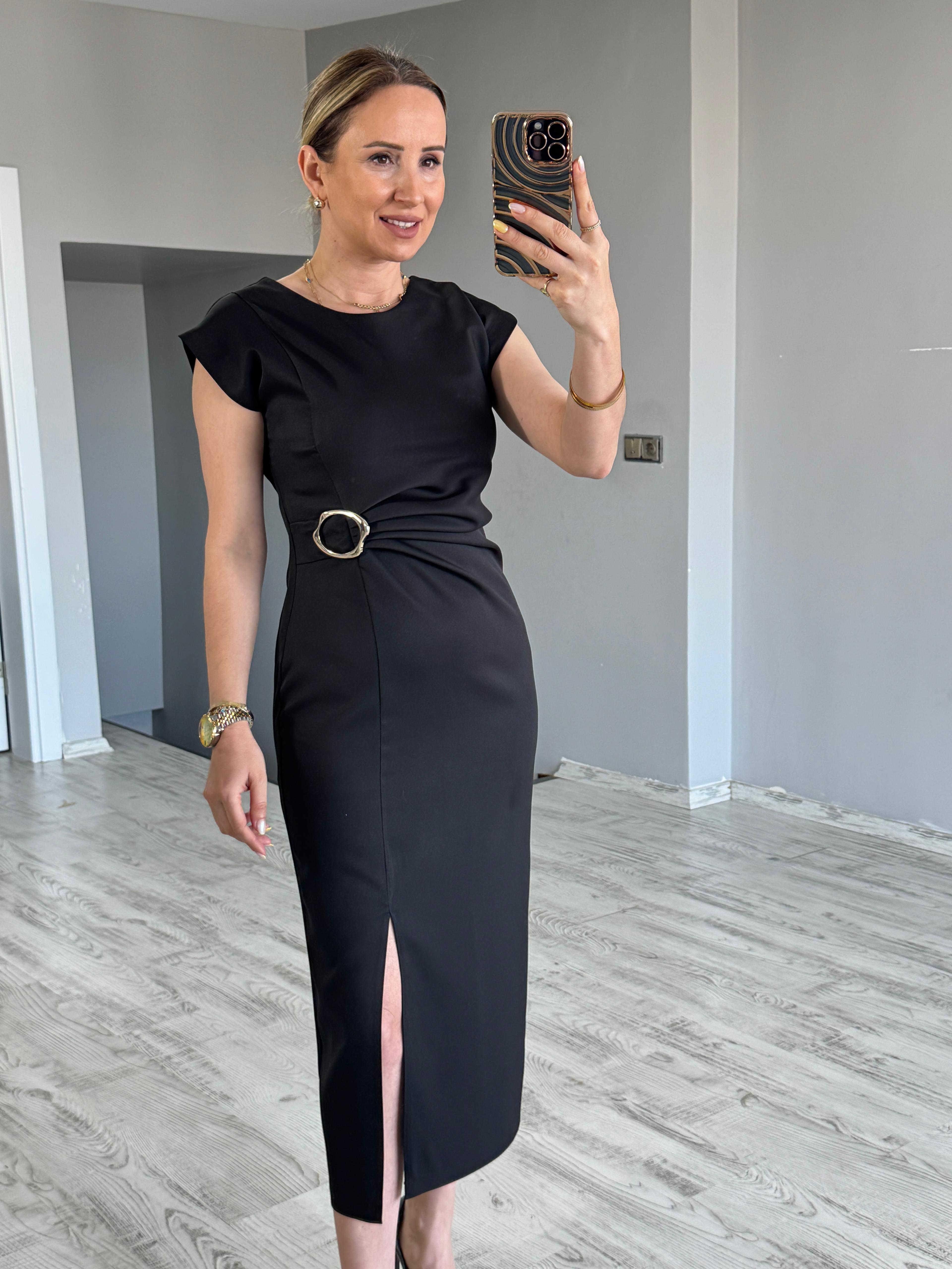 Büzgülü Gold Toka Detaylı Elbise