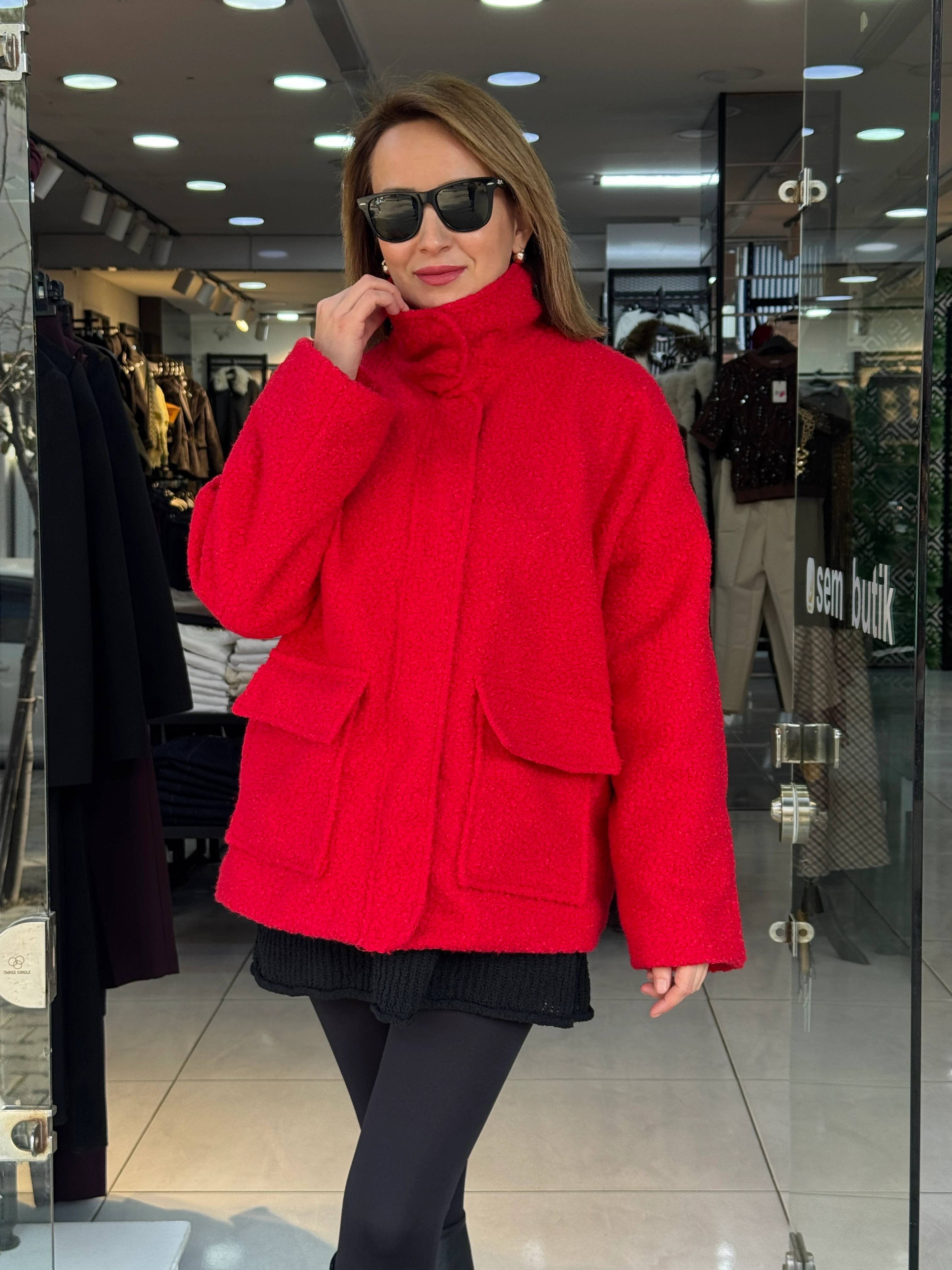 Ön Cep Detaylı Buklet Kaban - Kırmızı