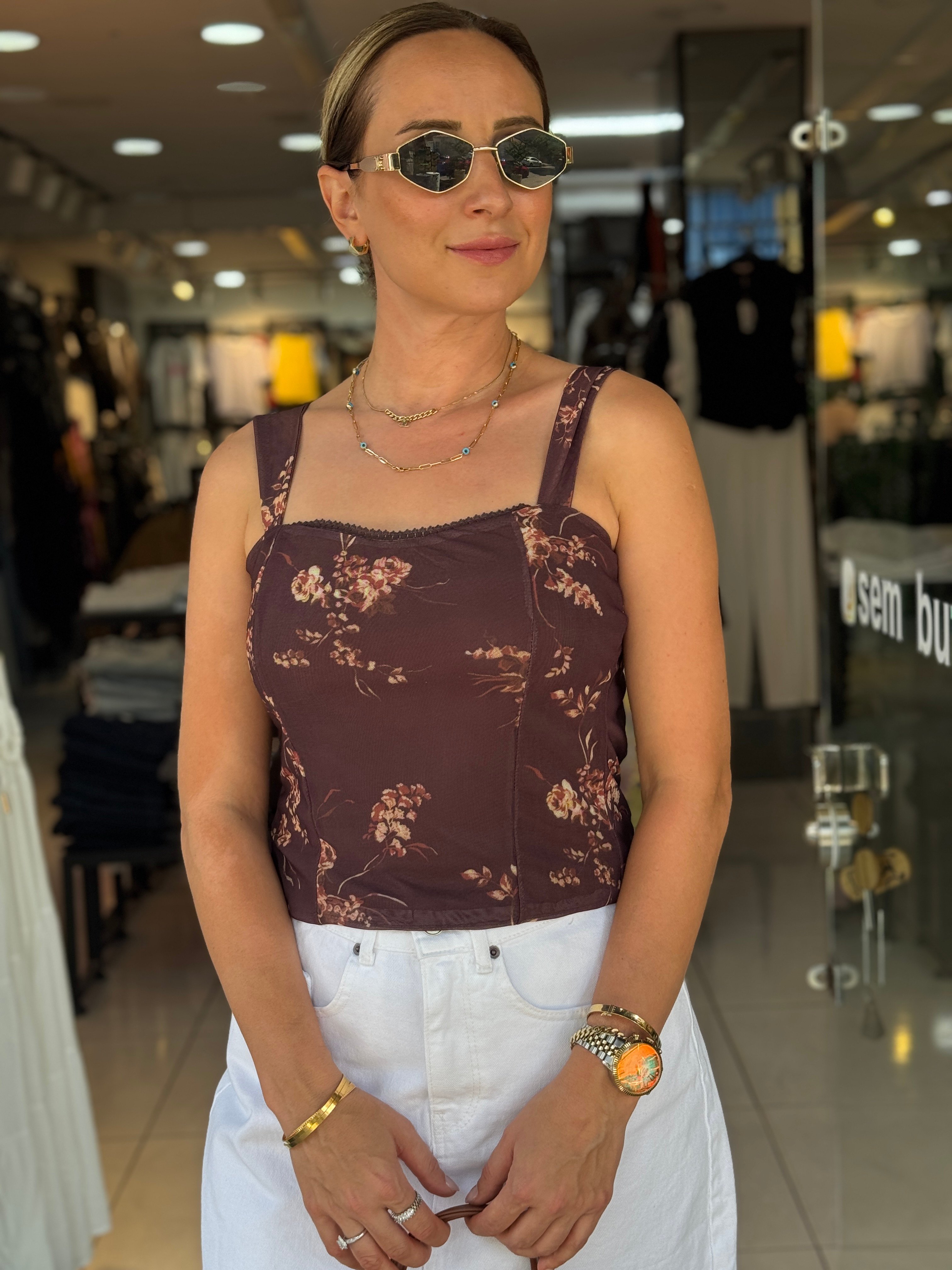 Desenli Kahve Tül Bluz