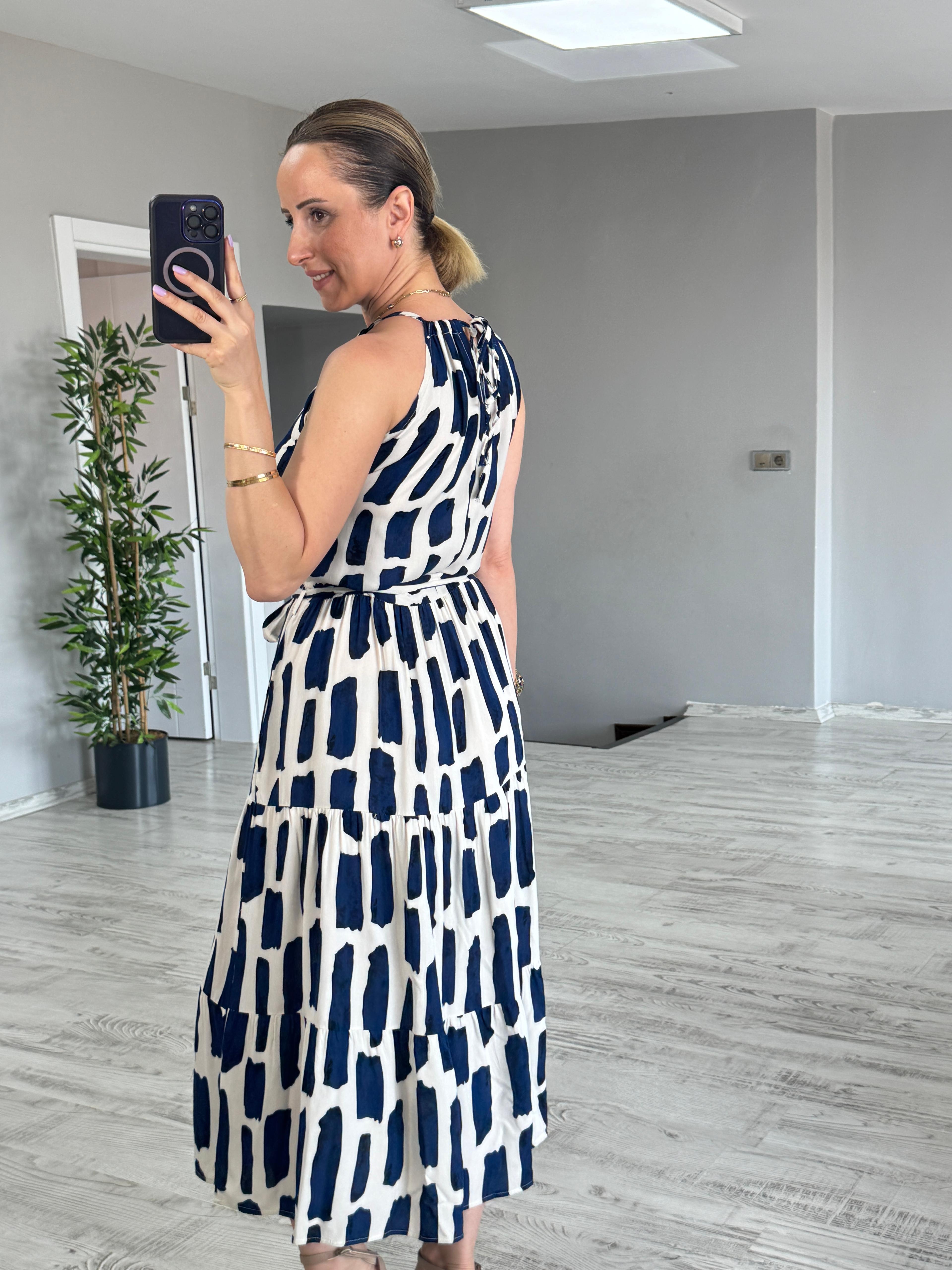 Halter Yaka Desenli Elbise