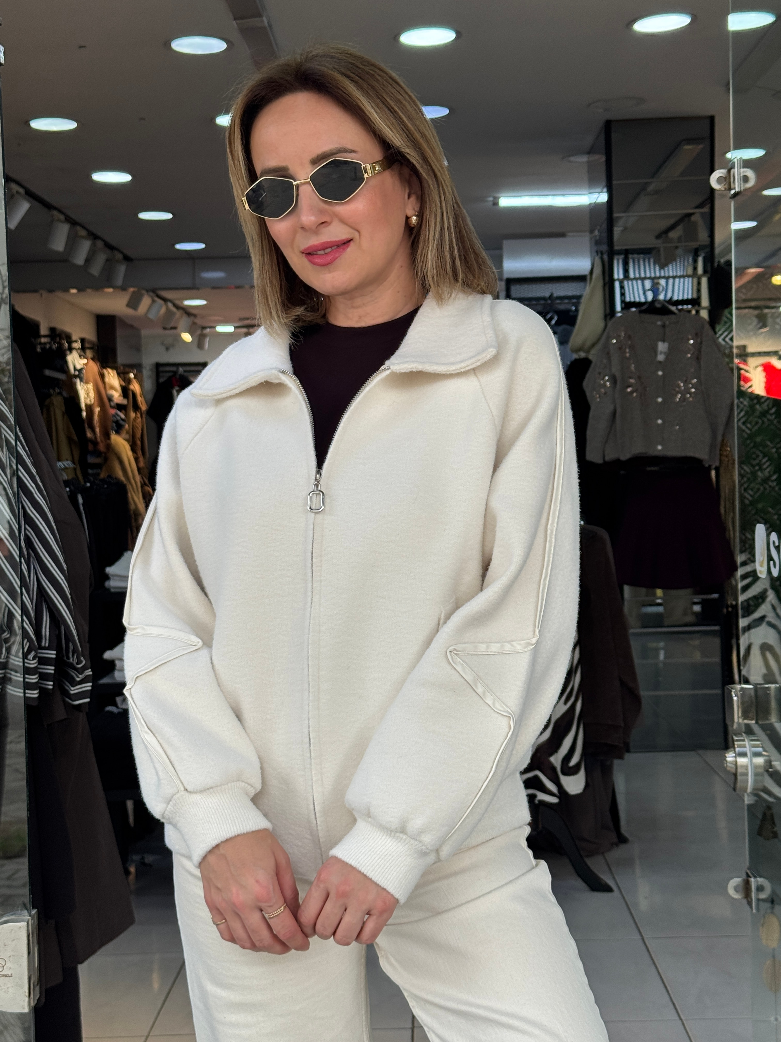 Angora Deri Detaylı Yumoş Ceket - Krem