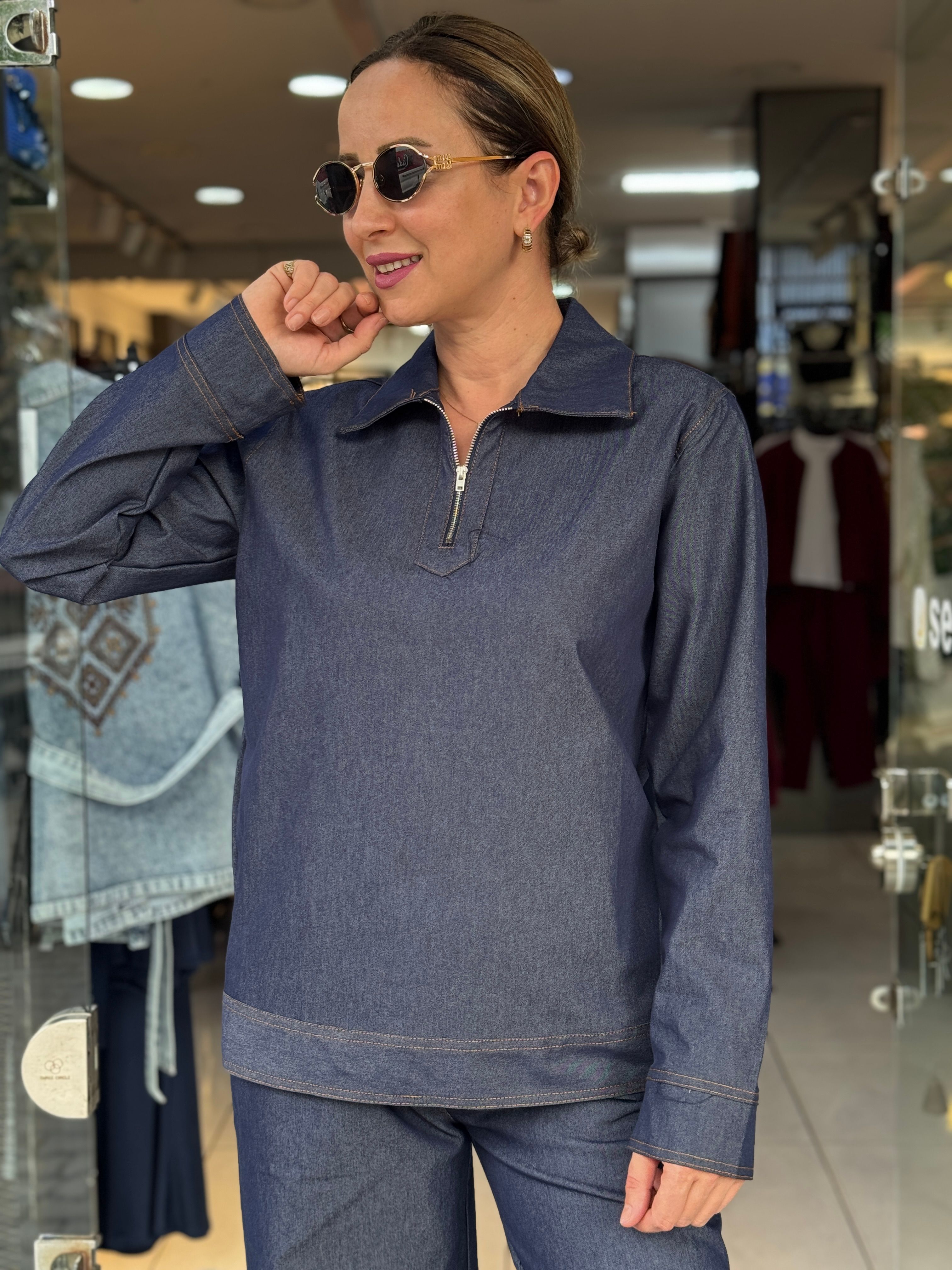 Yaka Fermuarlı Denim Takım