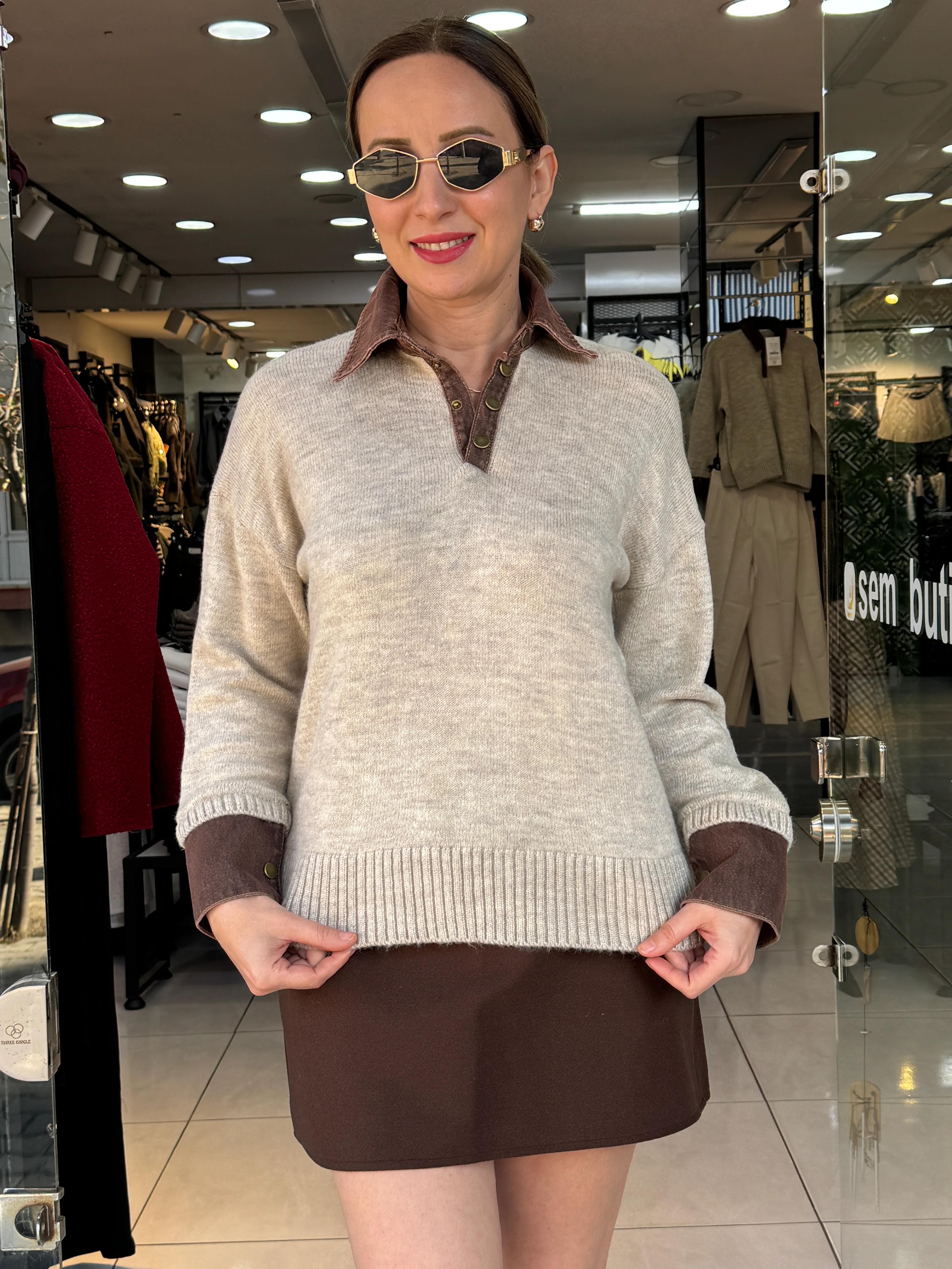 Polo Yaka Denim Detaylı Kazak