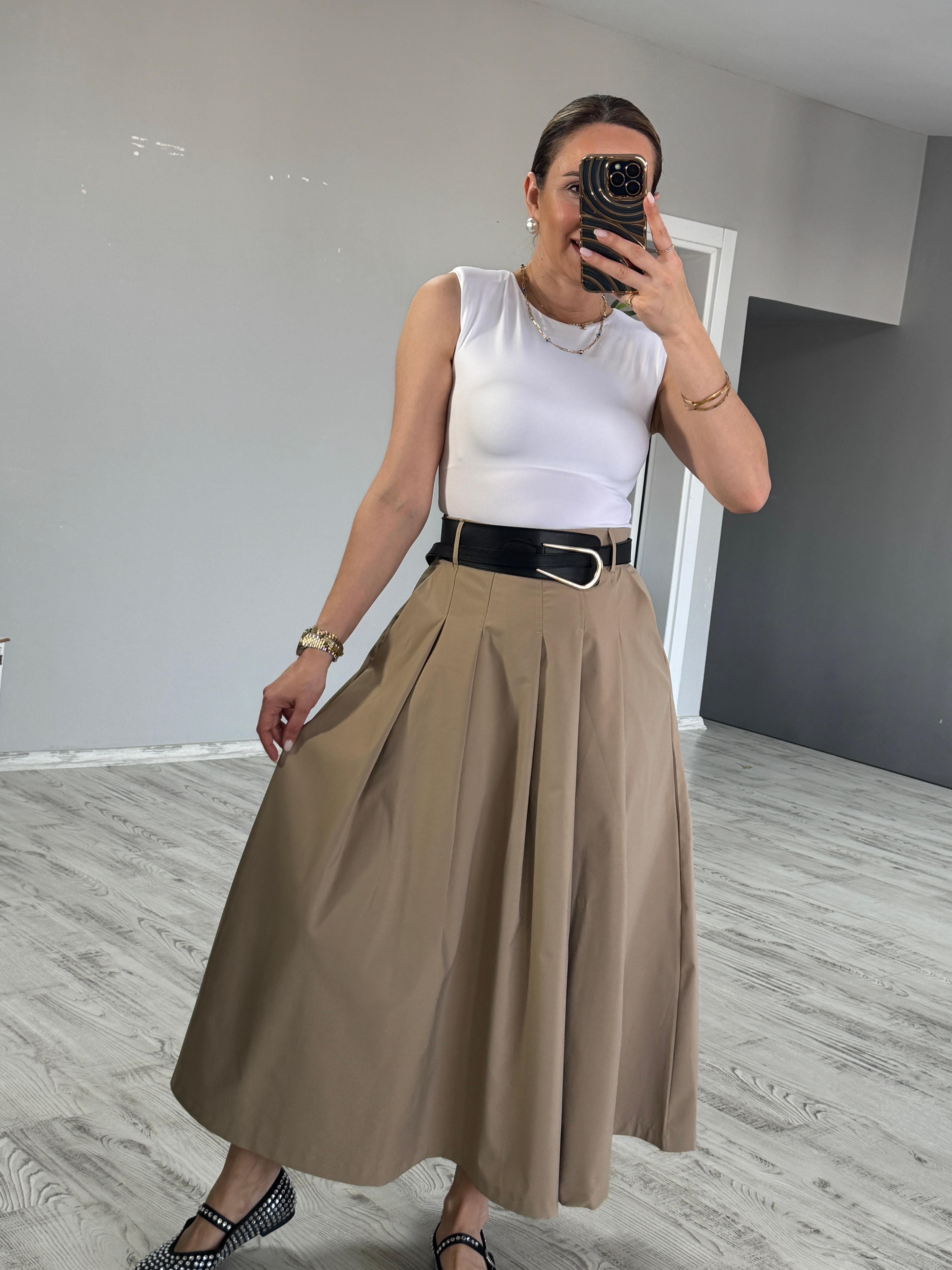 Kemerli Krem Poplin Etek