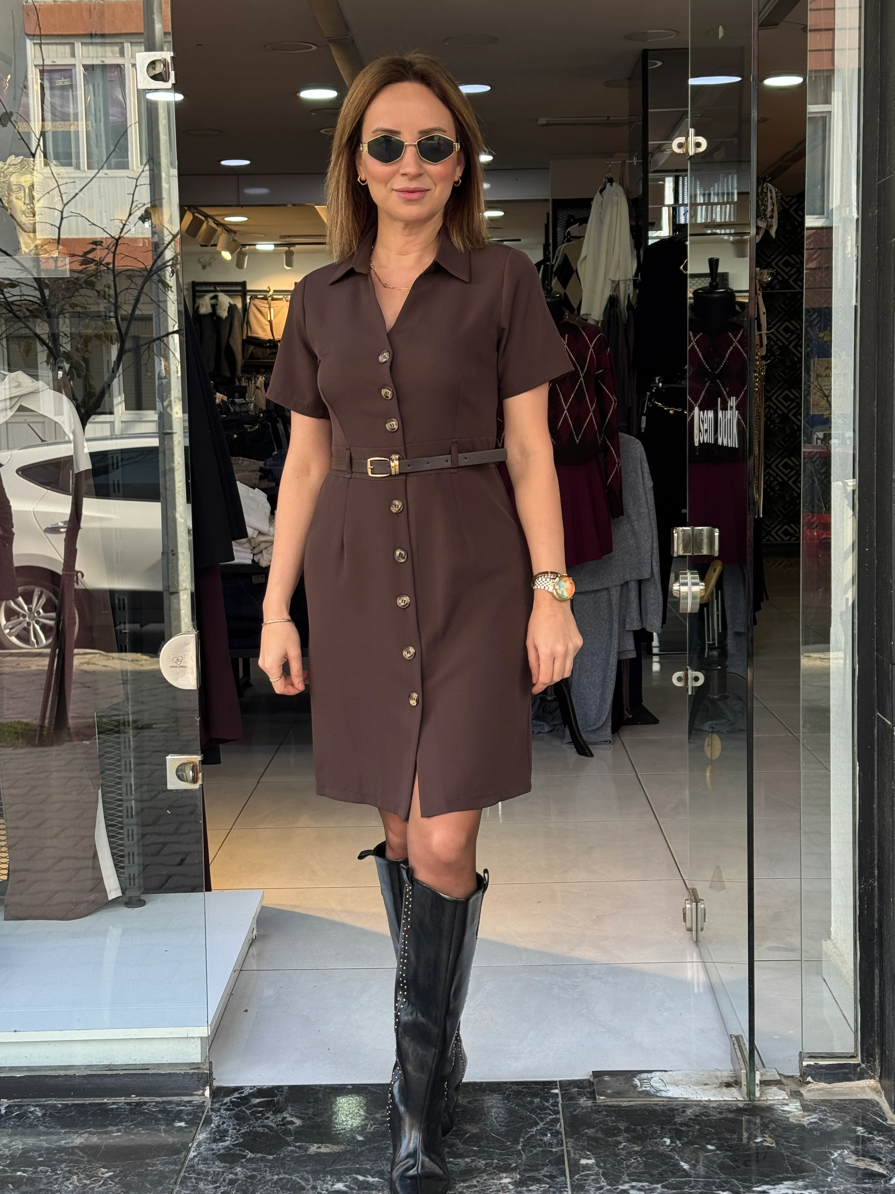 Kemerli Kahve Elbise