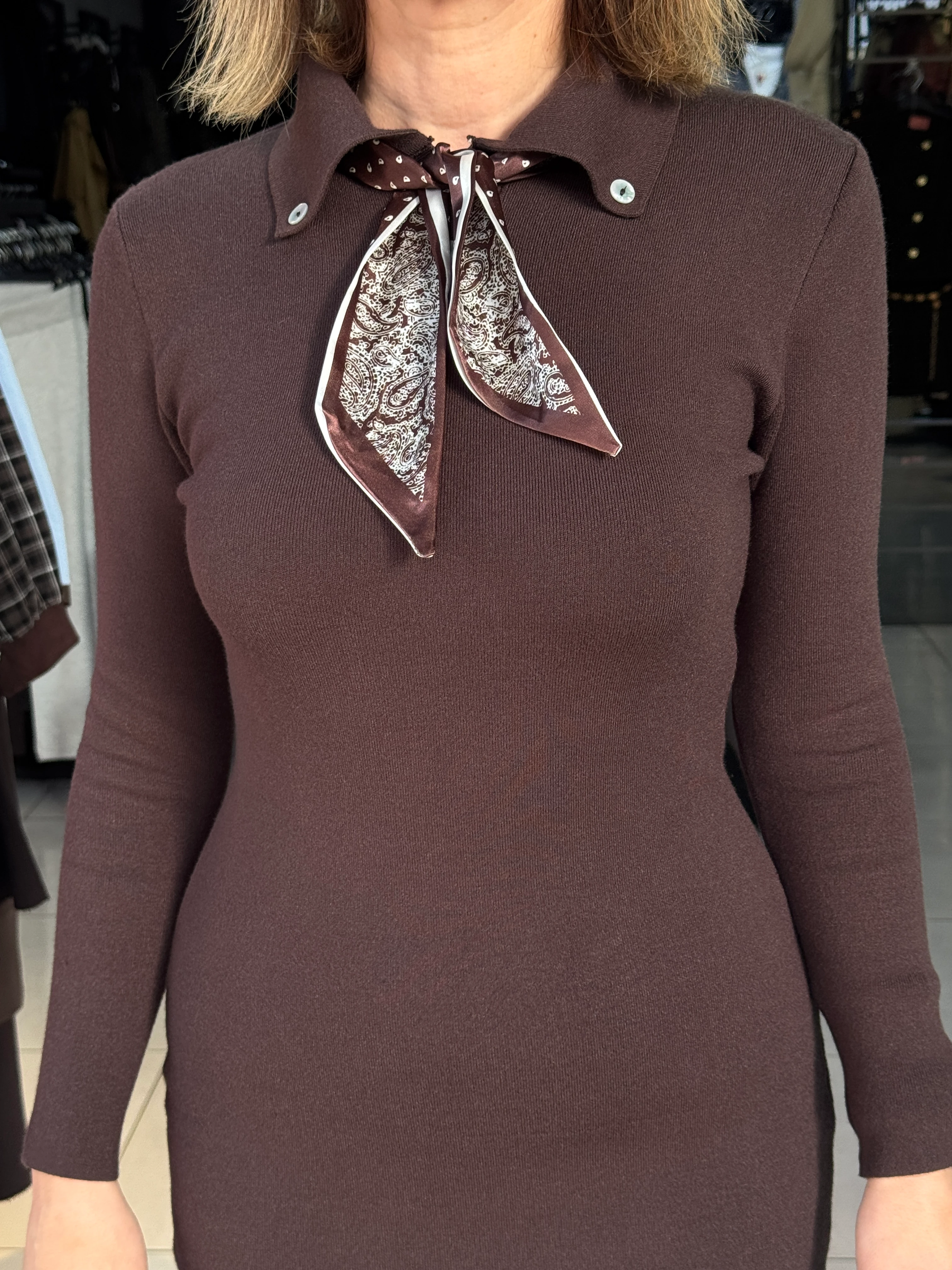 Kahve Fularlı Triko Elbise