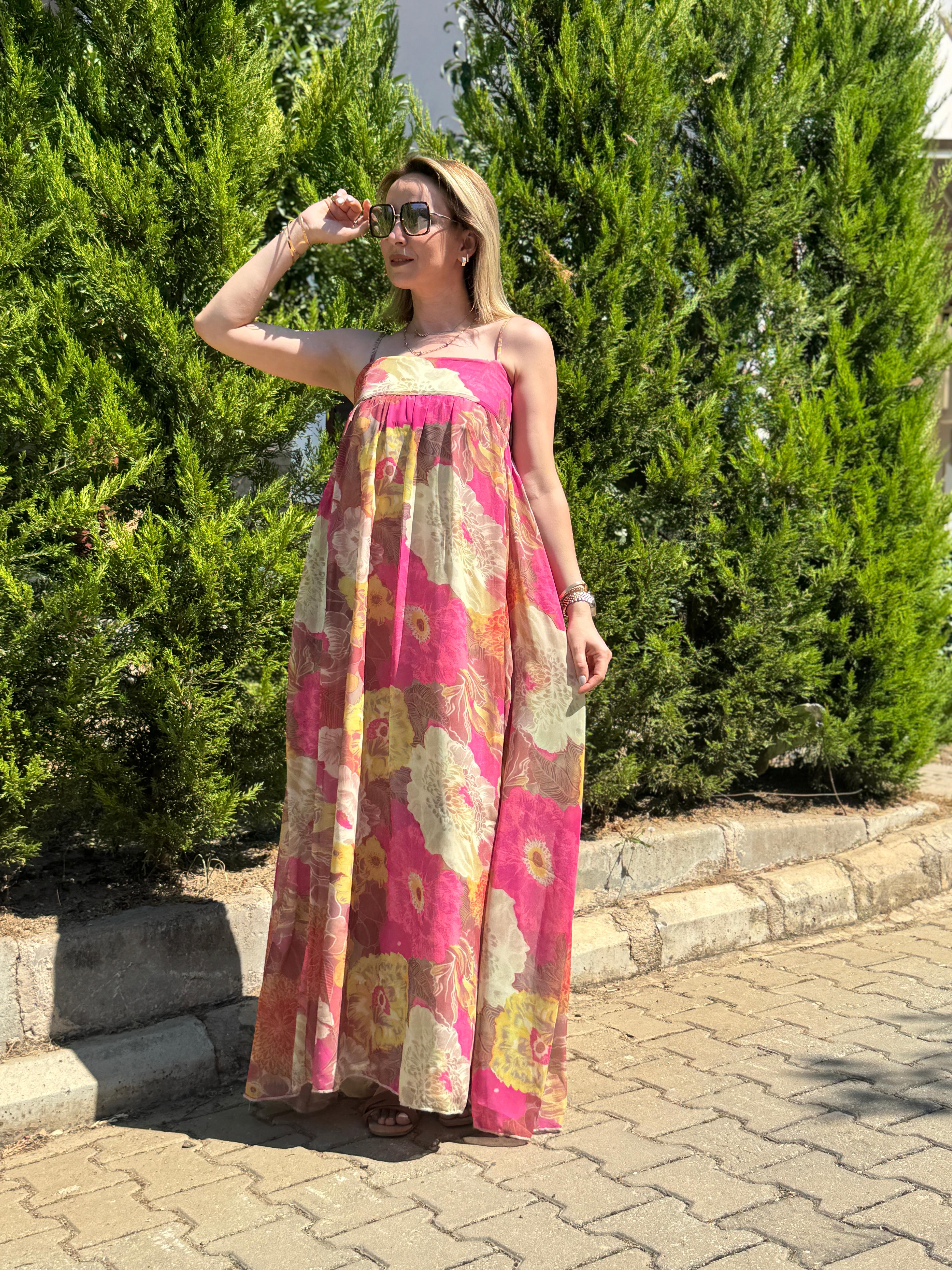 Askılı Desenli Pembe Şifon Elbise