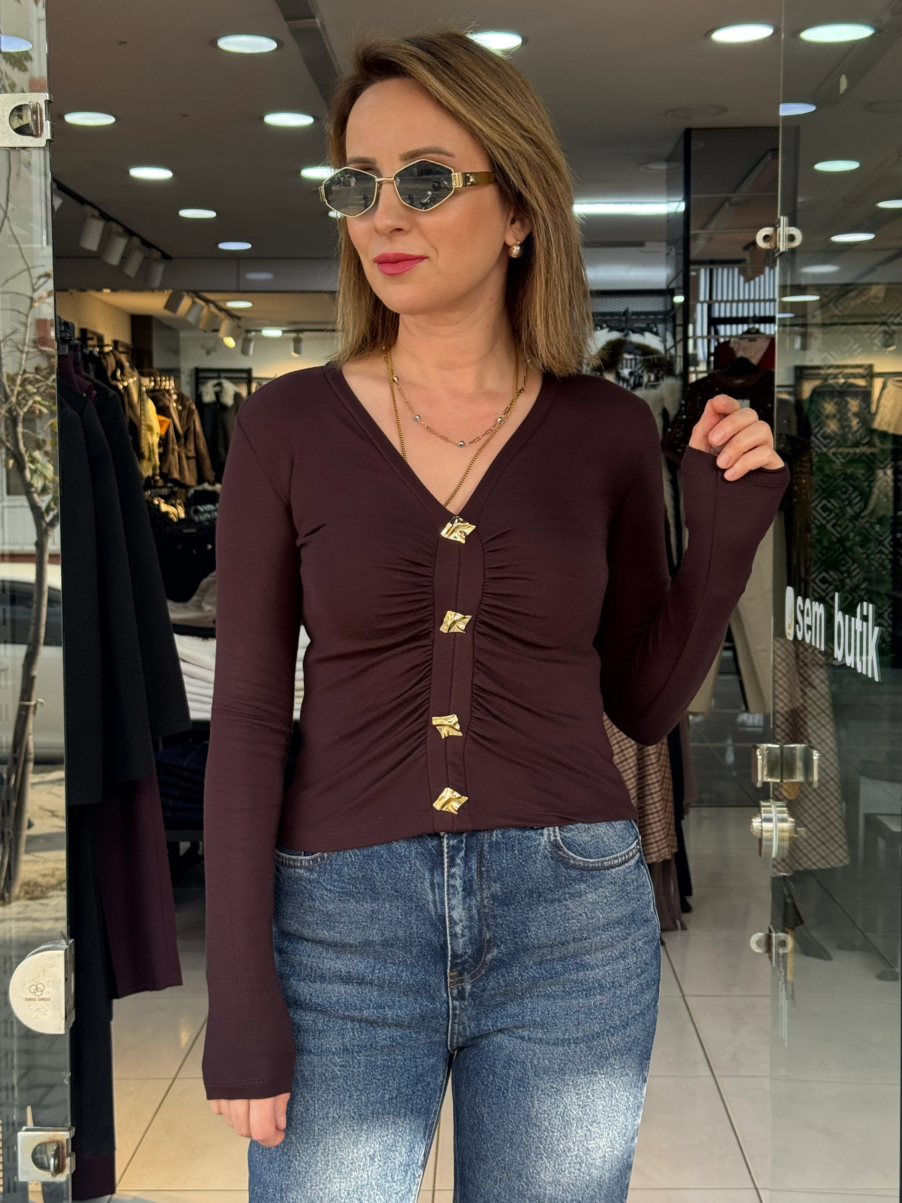 V Yaka Gold Detaylı Bluz