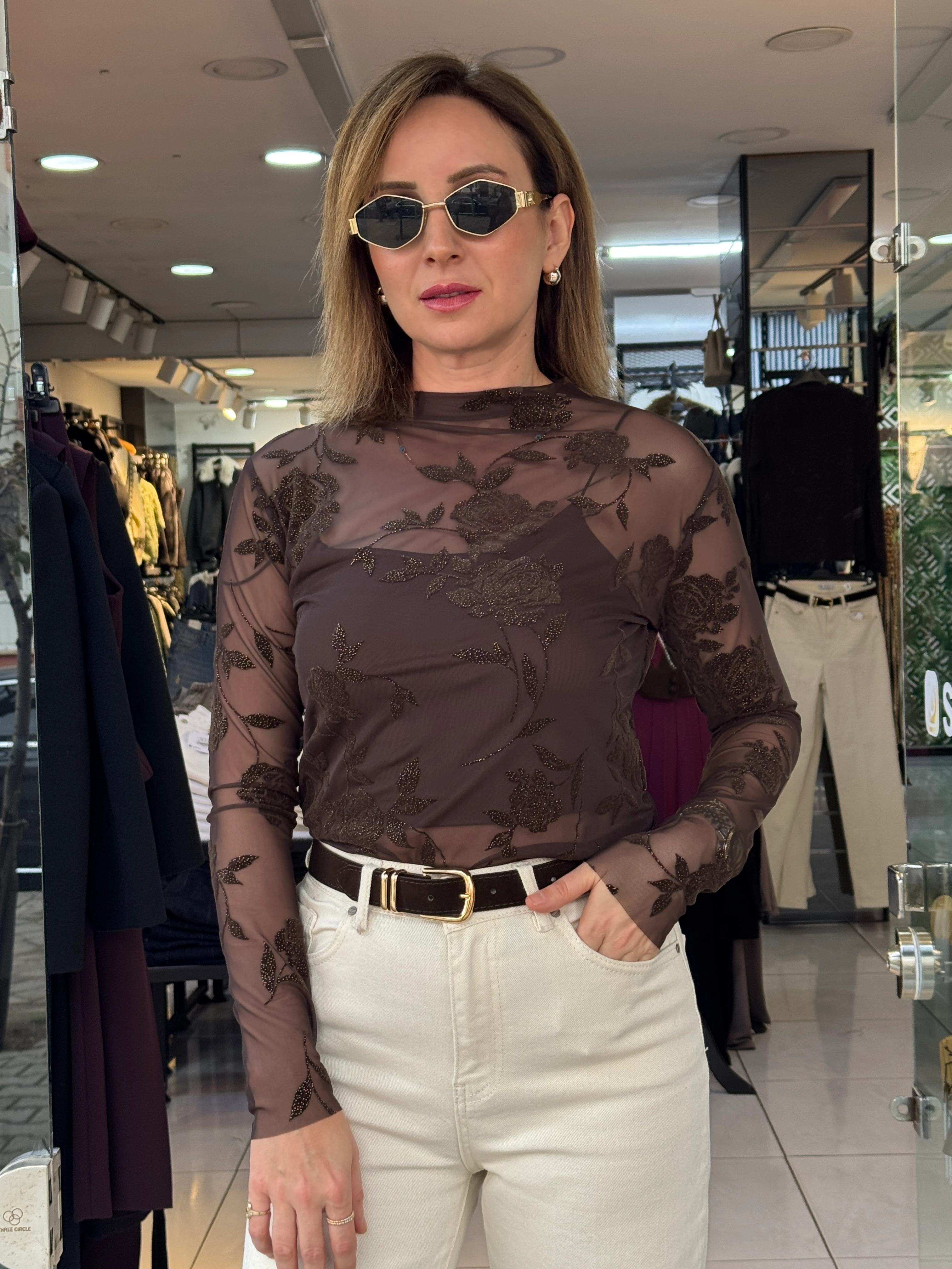Kahve Desenli Dantel Bluz