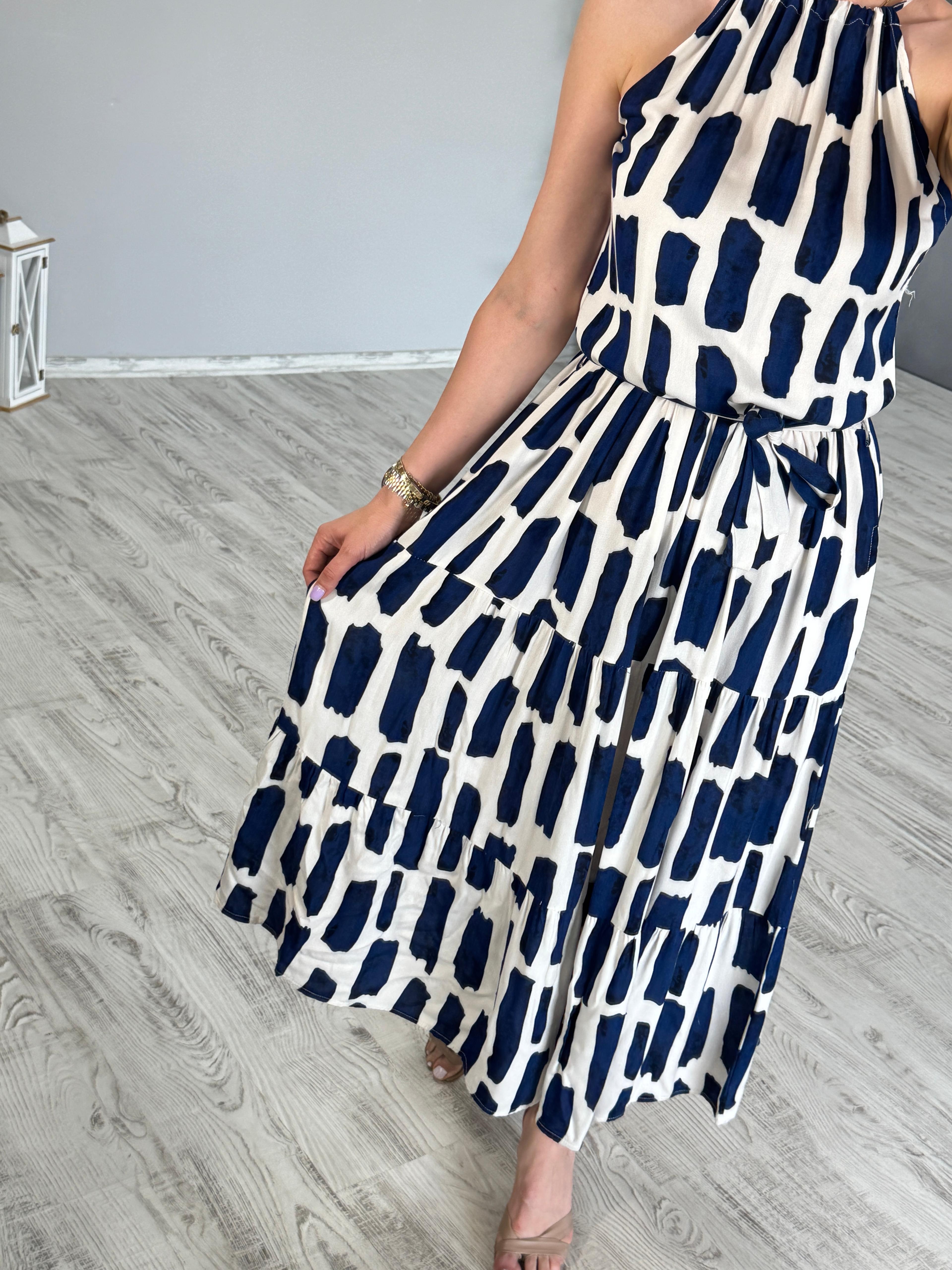 Halter Yaka Desenli Elbise