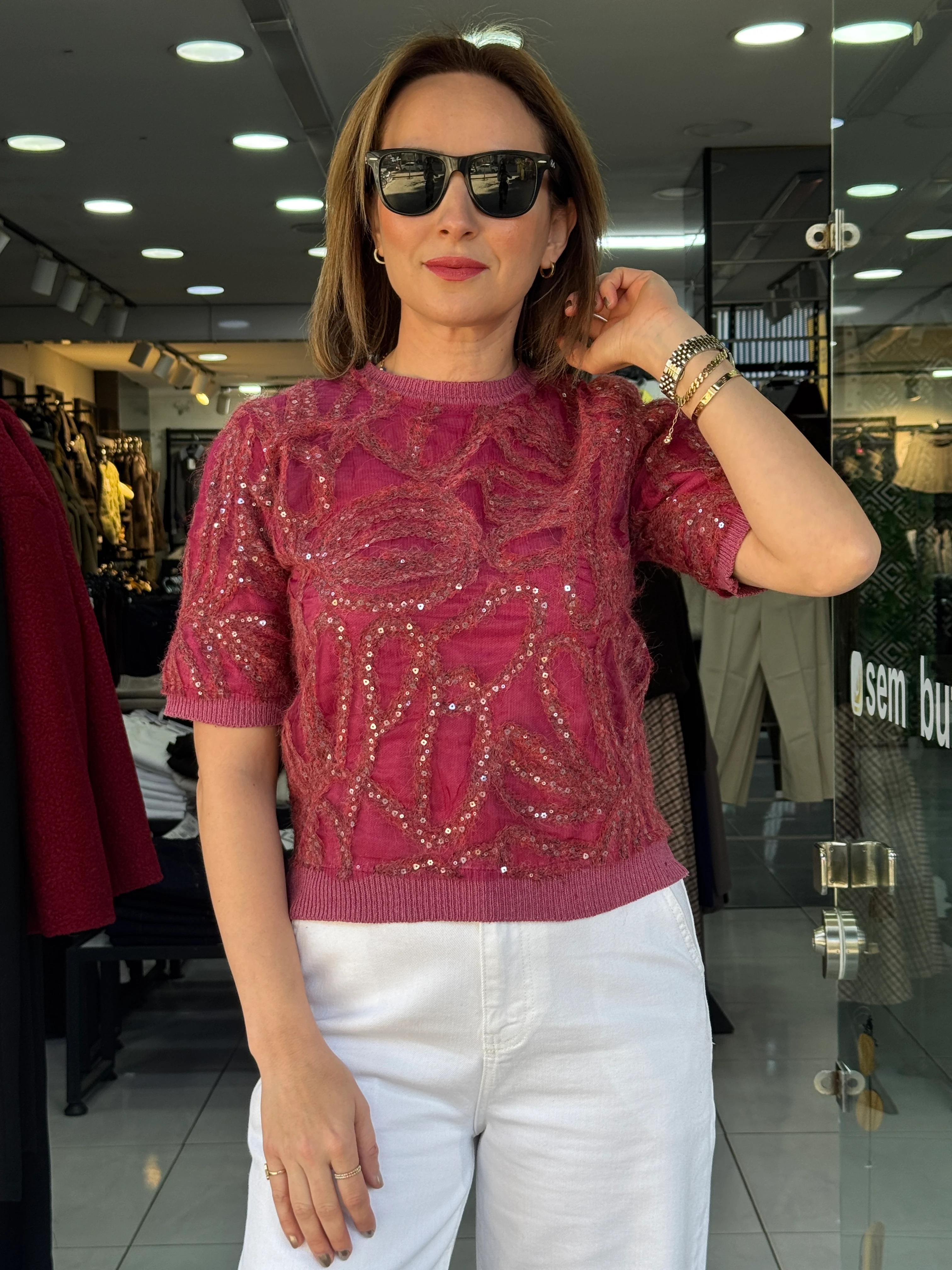 Tül Payet İşlemeli Triko