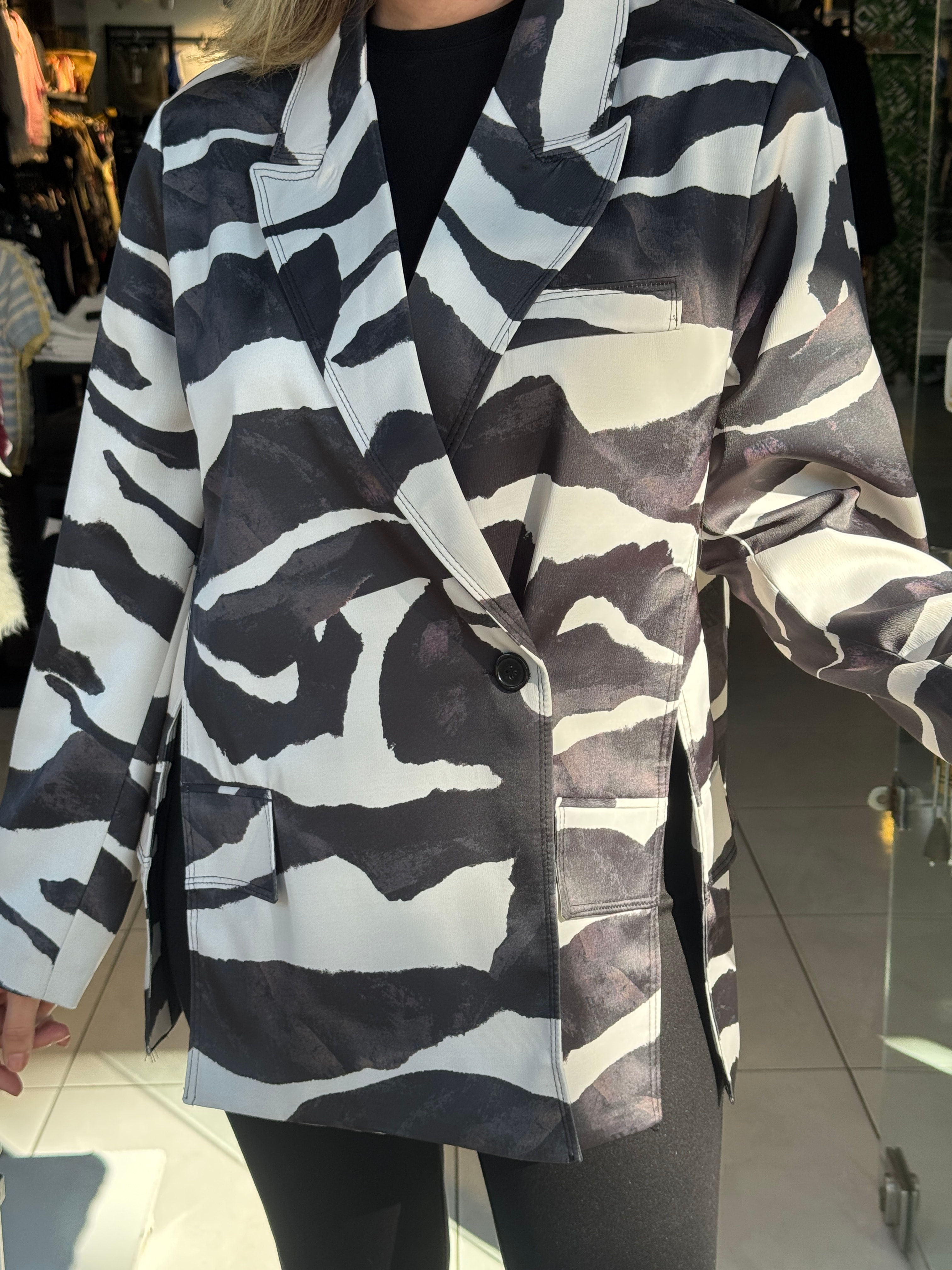 Zebra Desen Saten Blazer