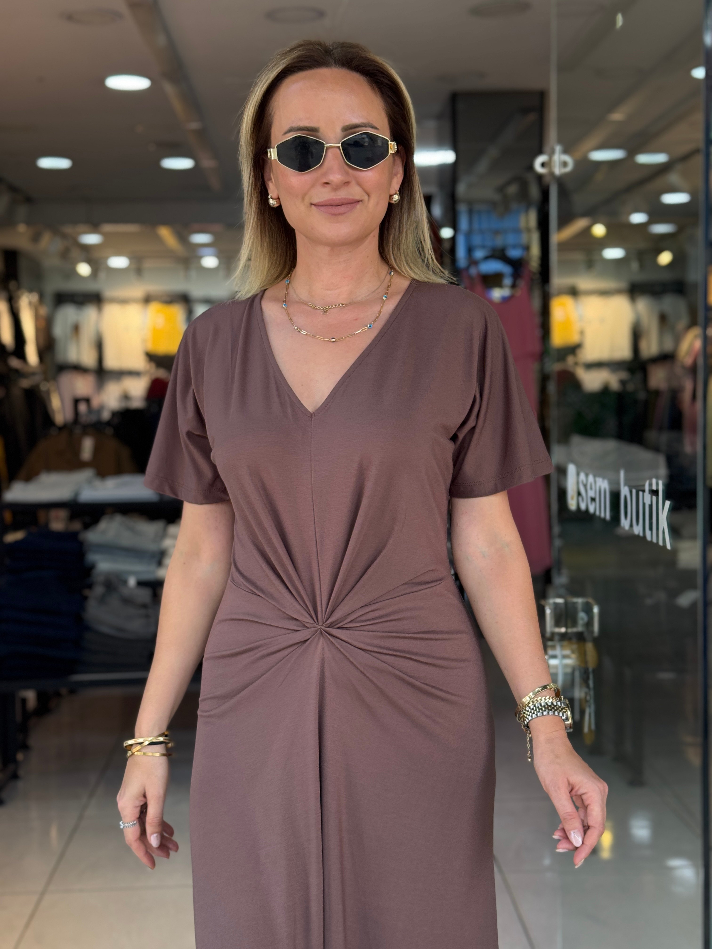 Kahve Ön Düğüm Detaylı Elbise