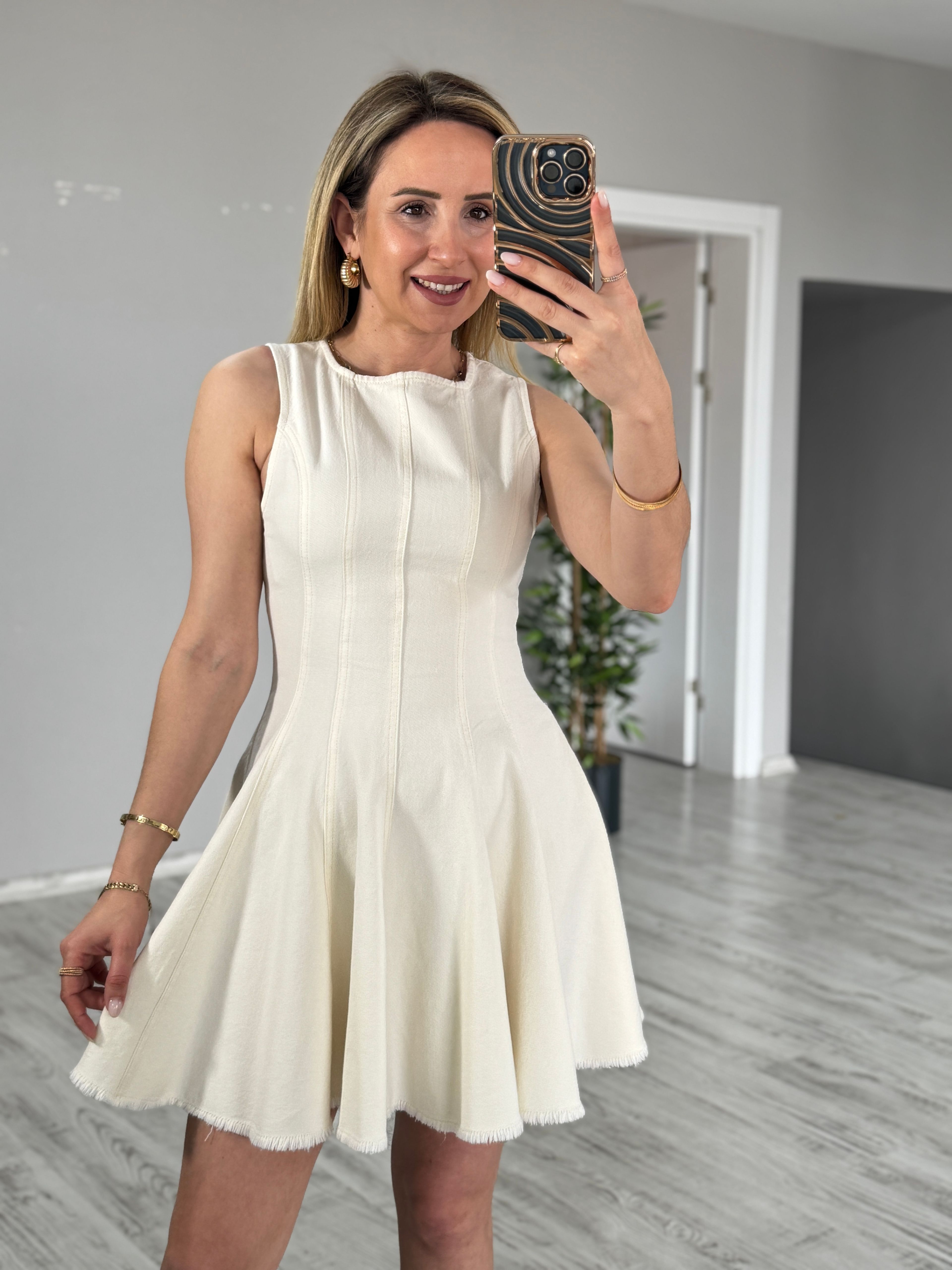 Natural Volanlı Denim Elbise