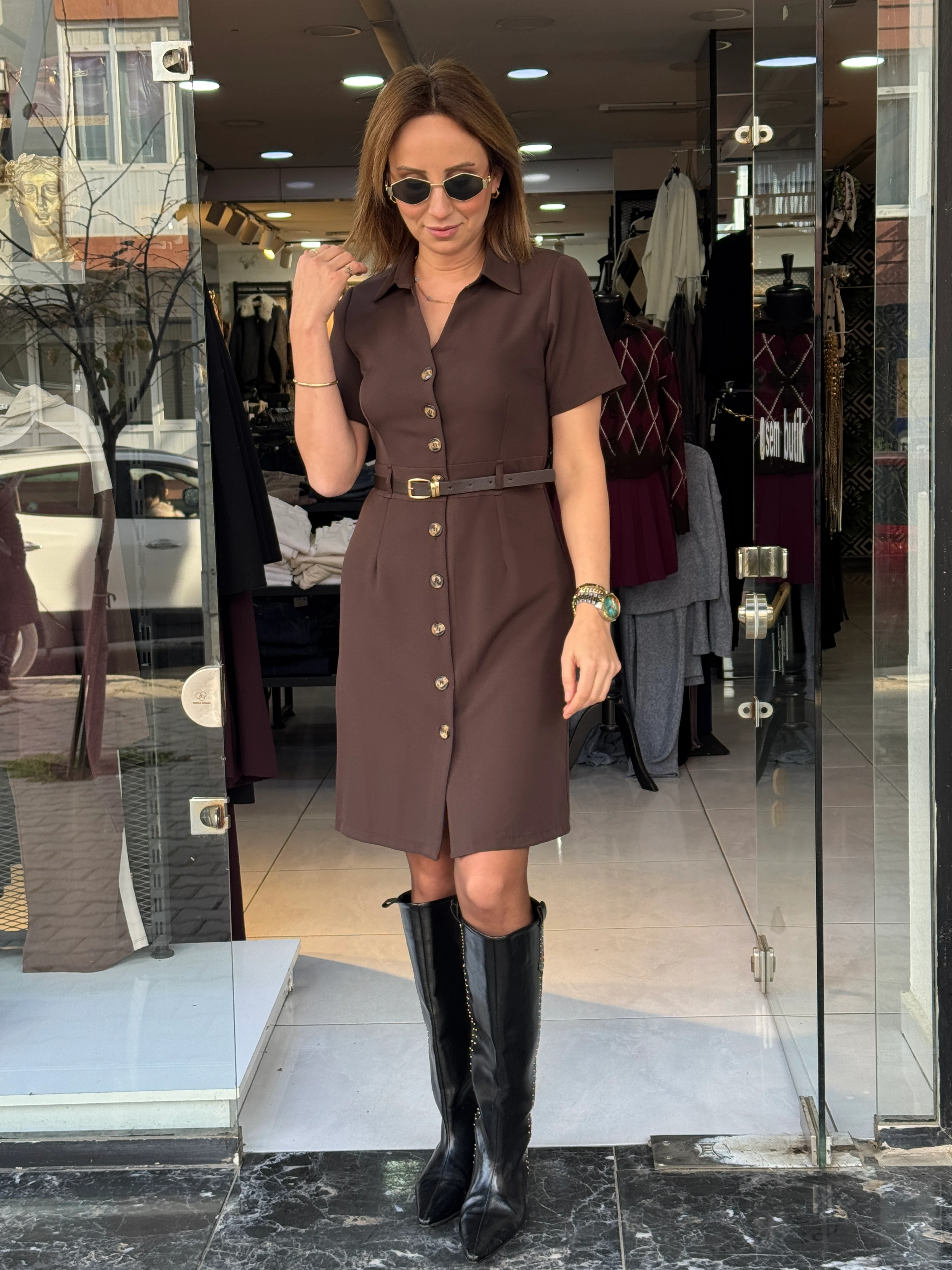 Kemerli Kahve Elbise