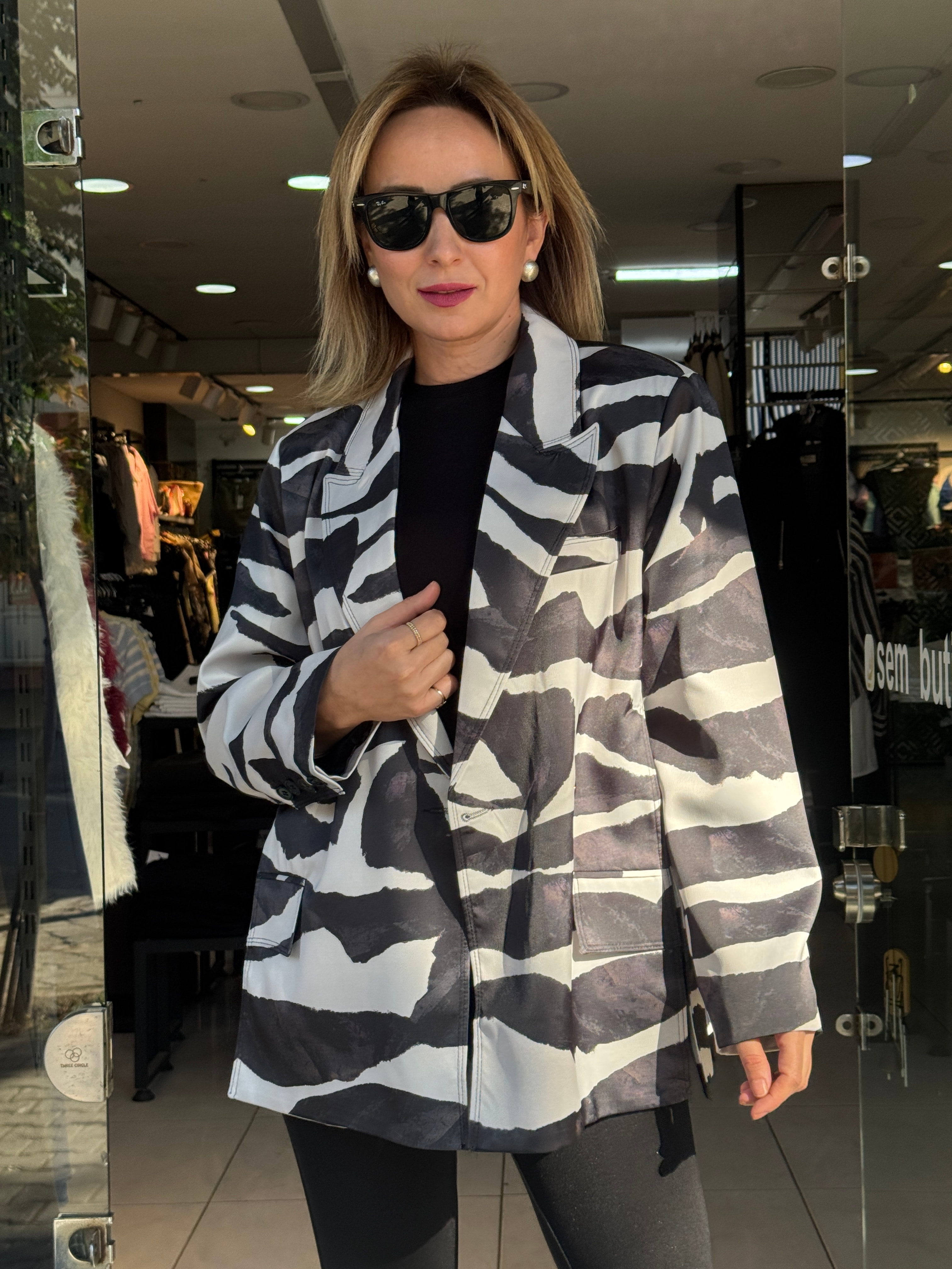 Zebra Desen Saten Blazer