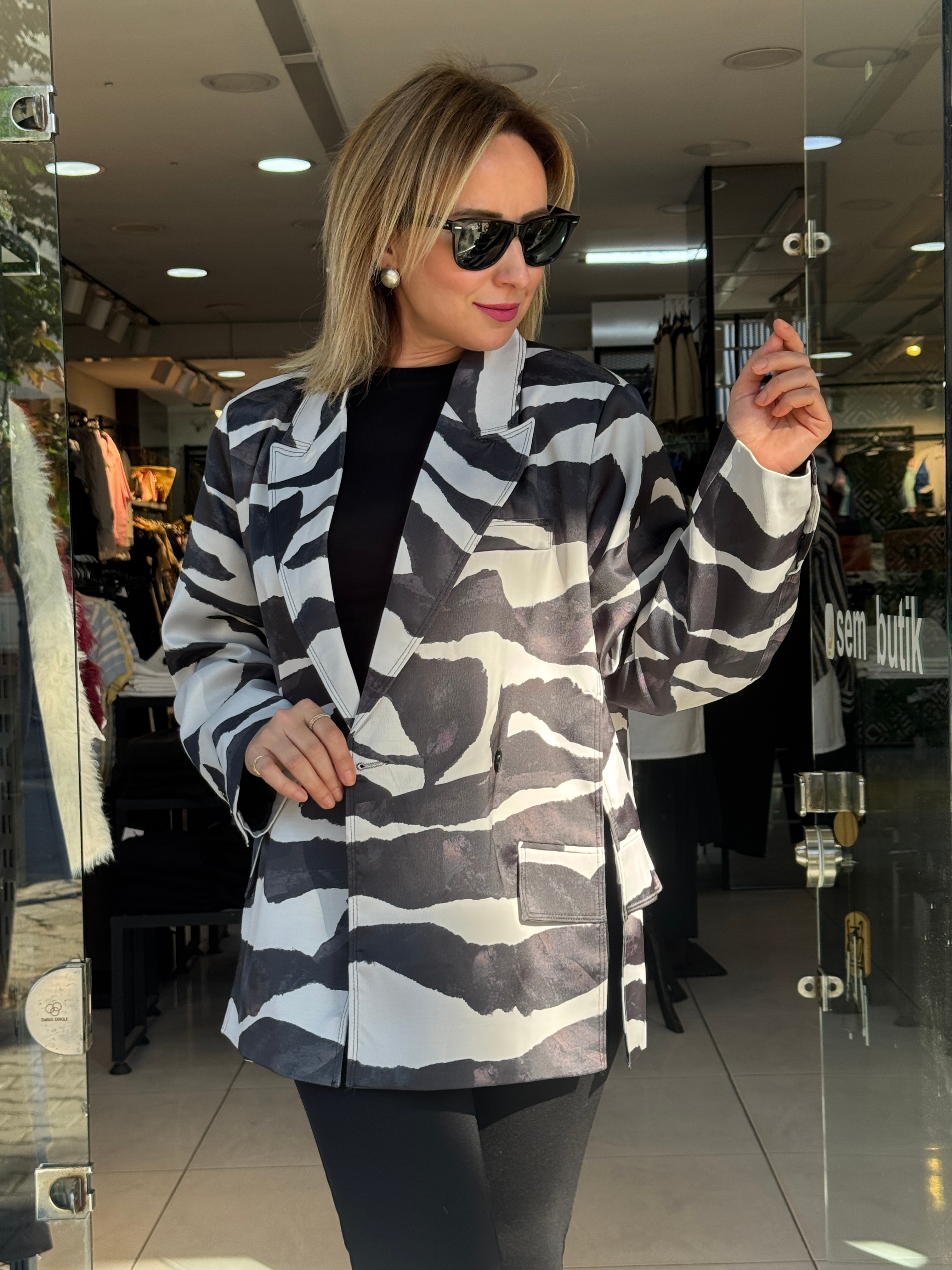 Zebra Desen Saten Blazer