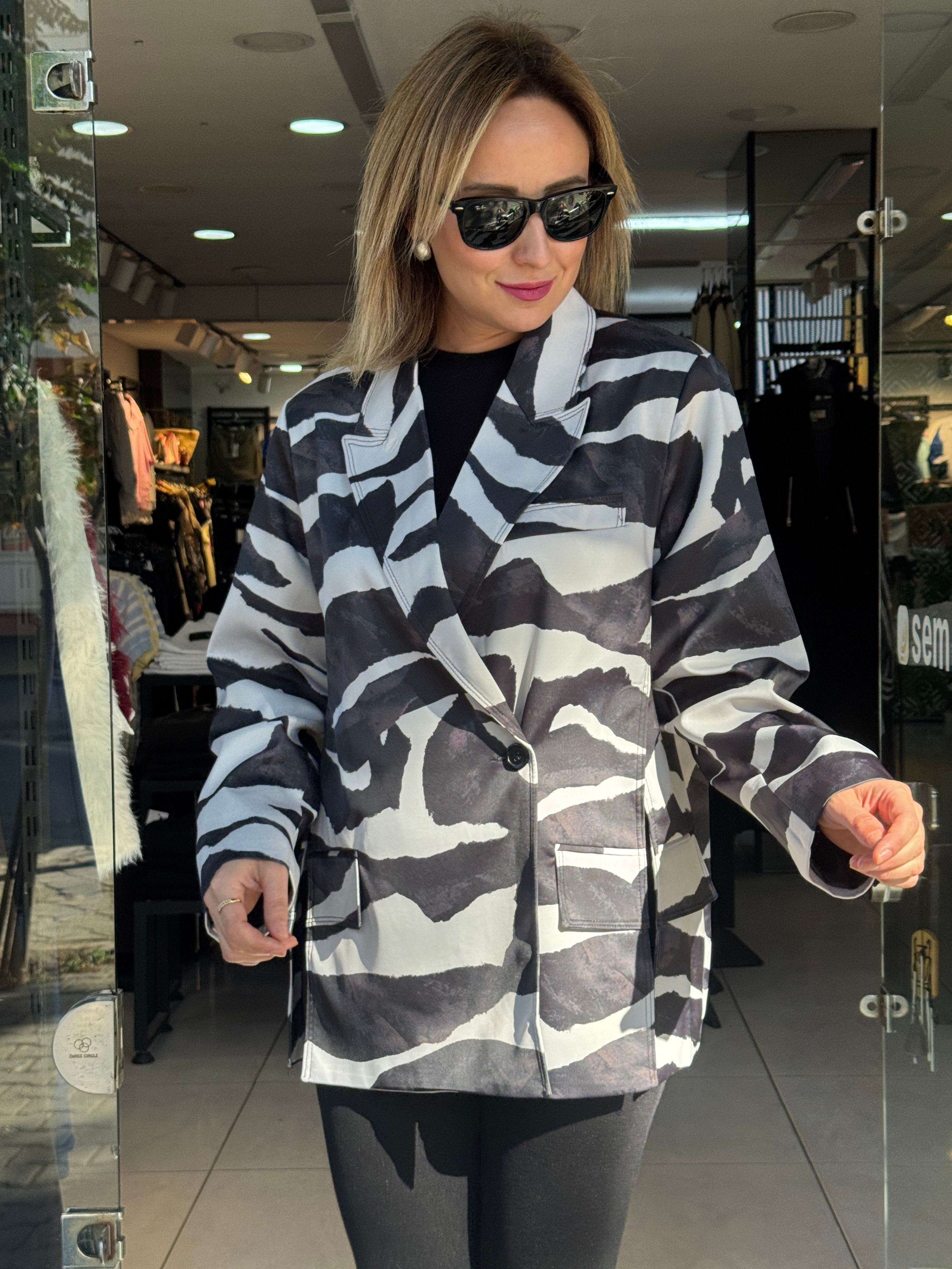 Zebra Desen Saten Blazer