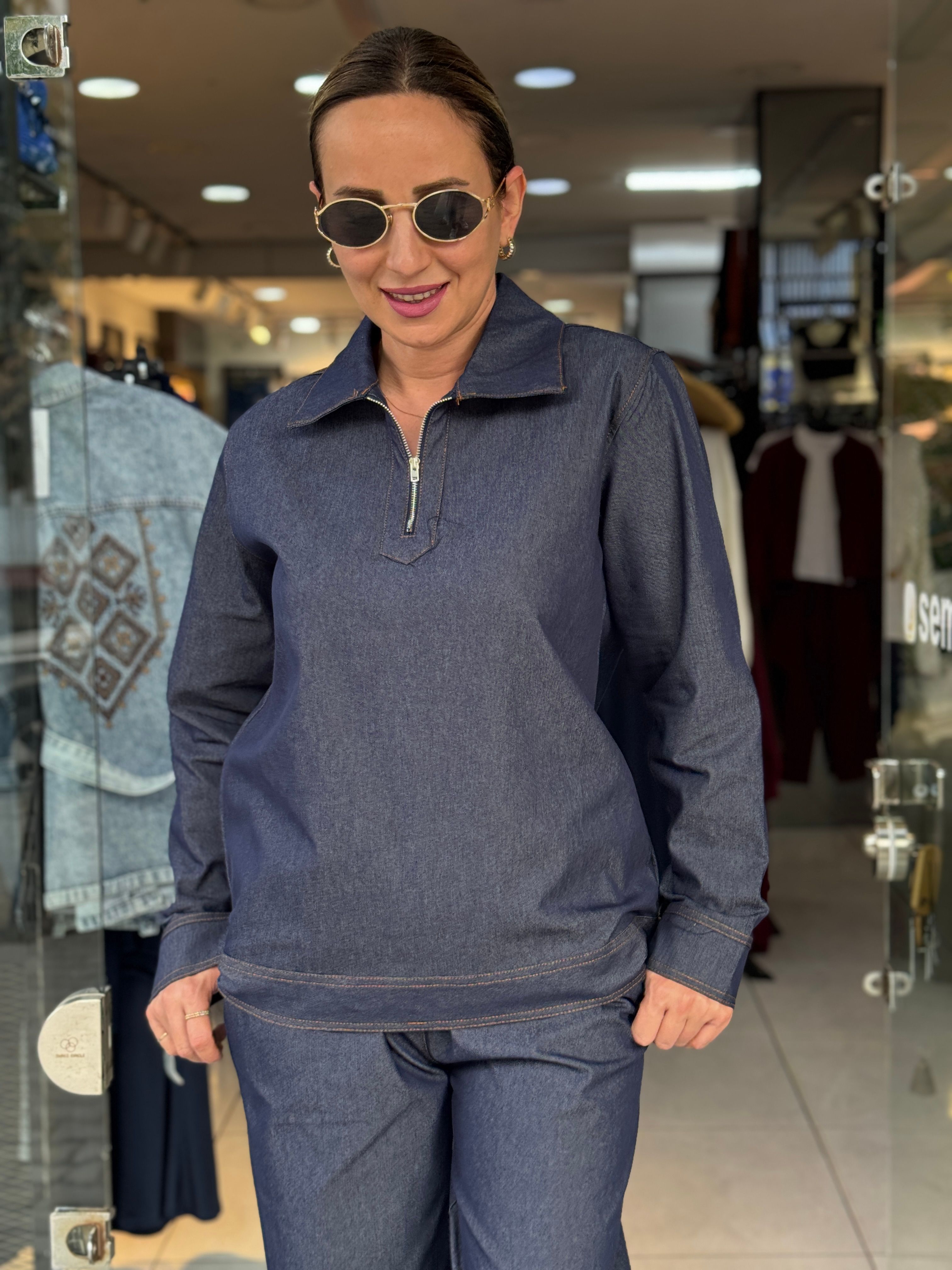 Yaka Fermuarlı Denim Takım