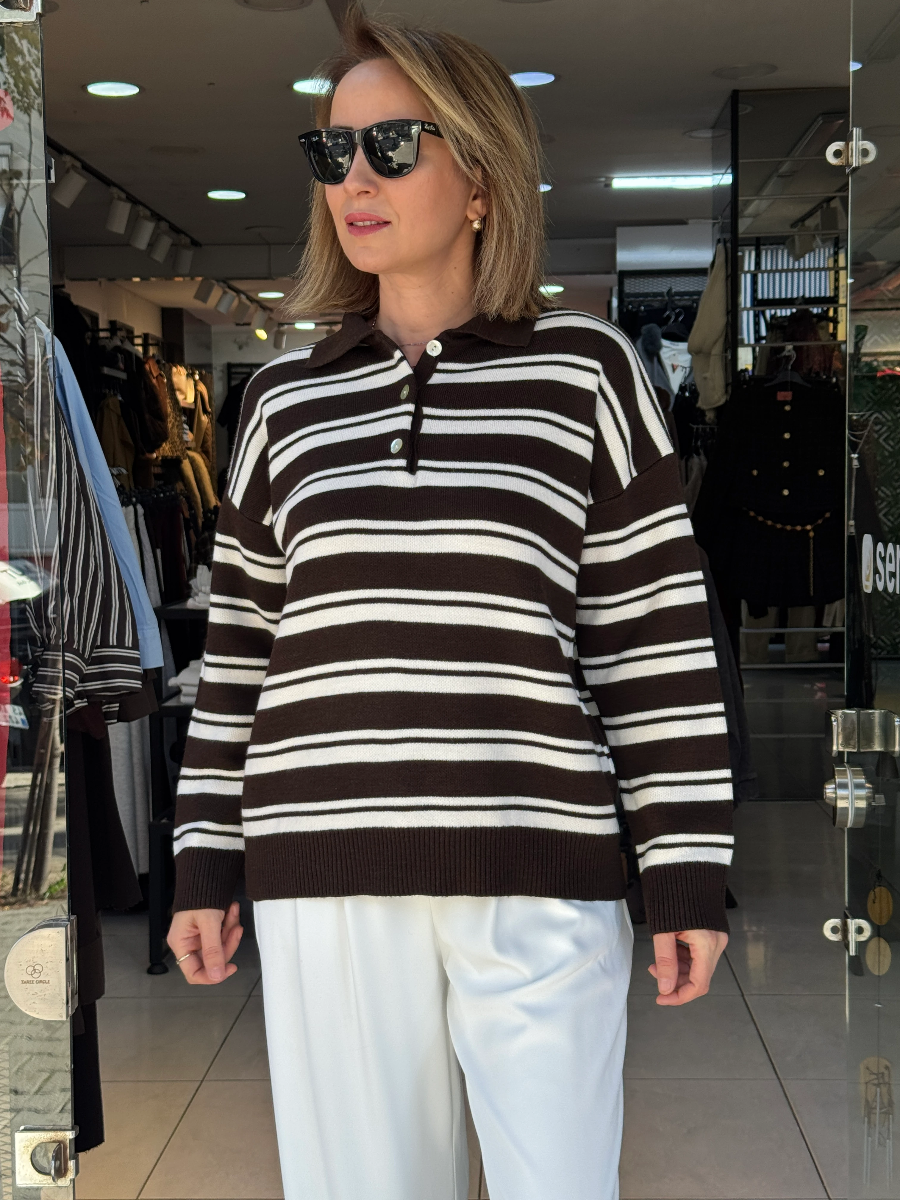 Polo Yaka Şeritli Triko Kazak