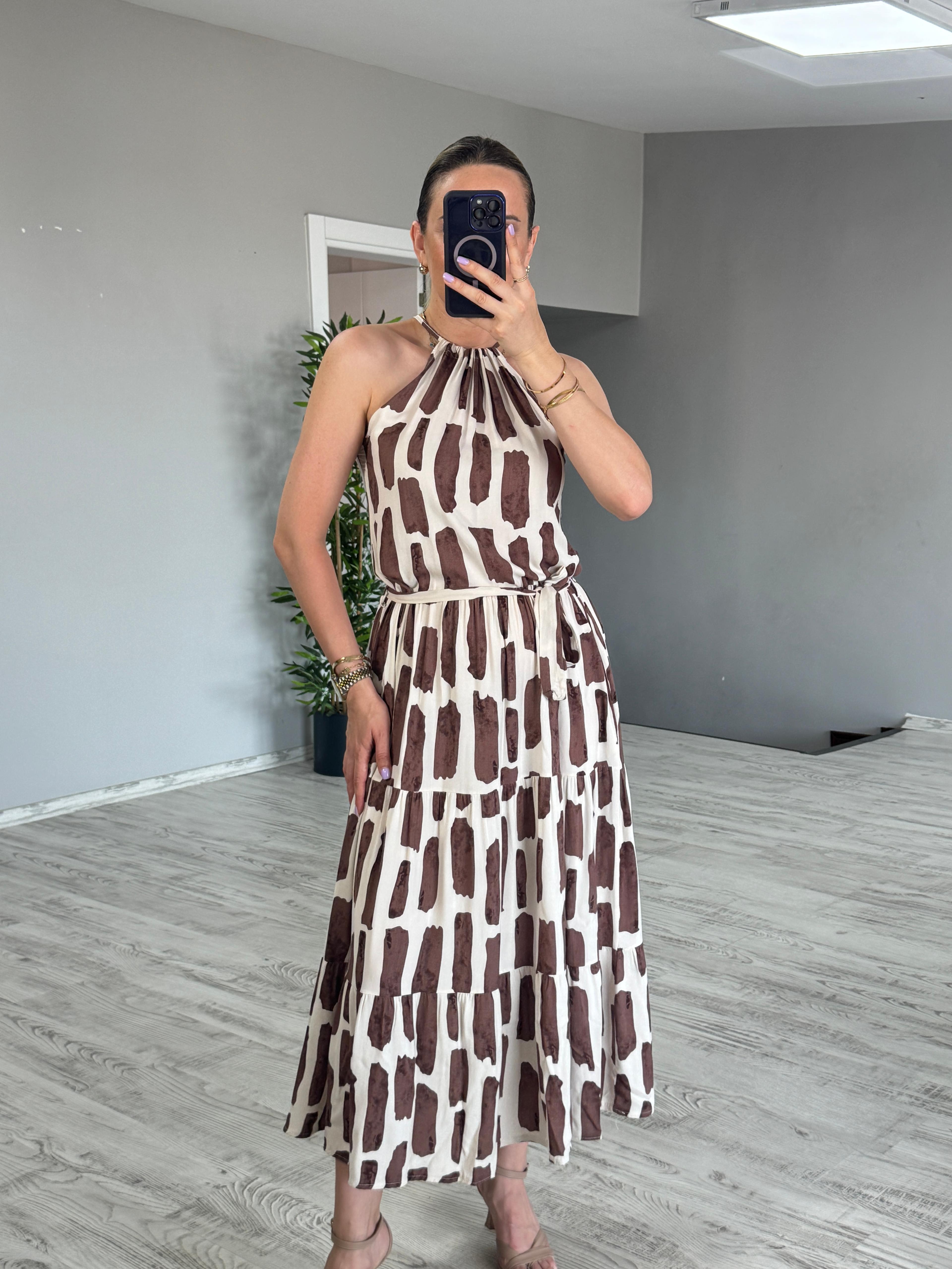 Halter Yaka Desenli Elbise - Kahve